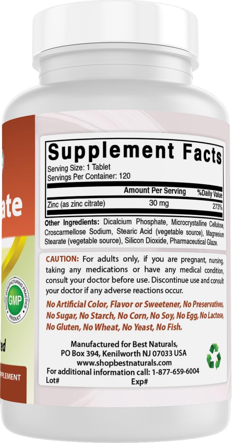 Best Naturals Best Naturals Zinc 30mg Supplements (as Zinc Citrate) - zinc Vitamins for Adults Immune Support - 120 Tablets (120 Count (Pack of 3))