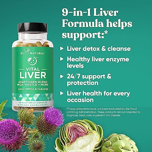 Eu Natural Vital Liver Cleanse Detox & Repair 9-in-1 Liver Support Supplement Milk Thistle, Artichoke Extract, Turmeric, Adaptogens Optimal Liver Function and Digestive Health 60 Vegetarian Soft Capsules