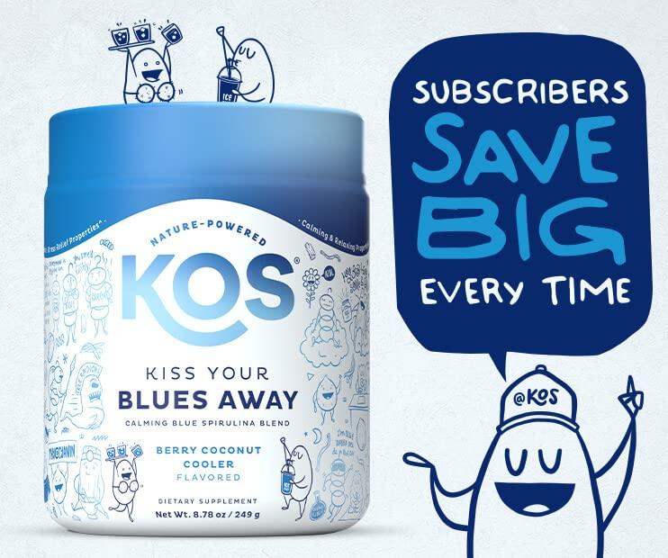 KOS KOS Calming Blue Spirulina Blend- USDA Certified Organic - Algae Superfood Powder with Ashwagandha Root, Lemon Balm, Reishi Mushroom, B Vitamins - Berry Coconut Cooler Flavor, 28 Servings