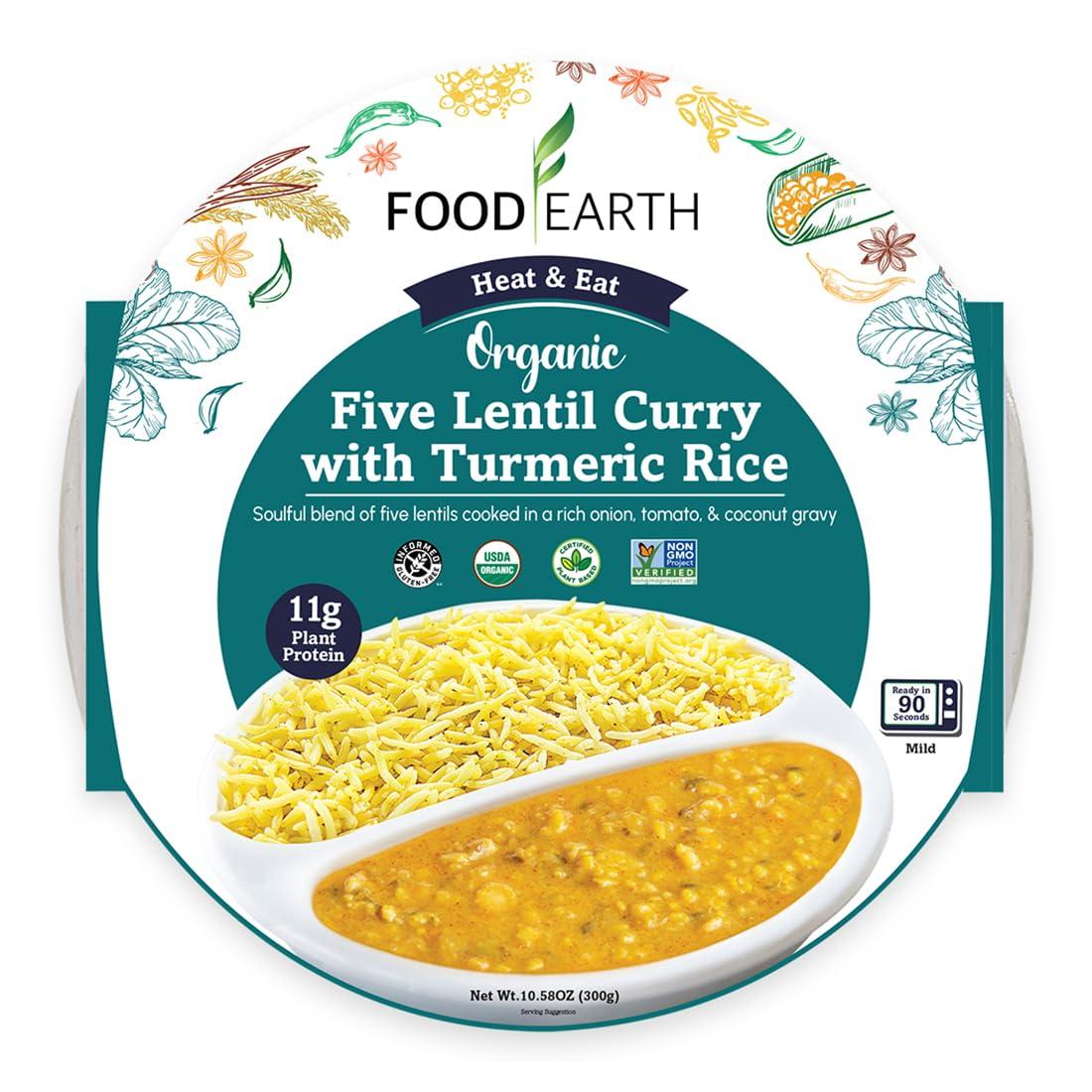 Food Earth Food Earth Ready to Eat Indian Cuisine - Five Lentil Curry with Turmeric Rice - Microwavable, Pre-packaged & Lunchable- Organic, Vegan, Gluten-Free, GMO-Free, Plant-Based - 10.58 oz each - Pack of 6