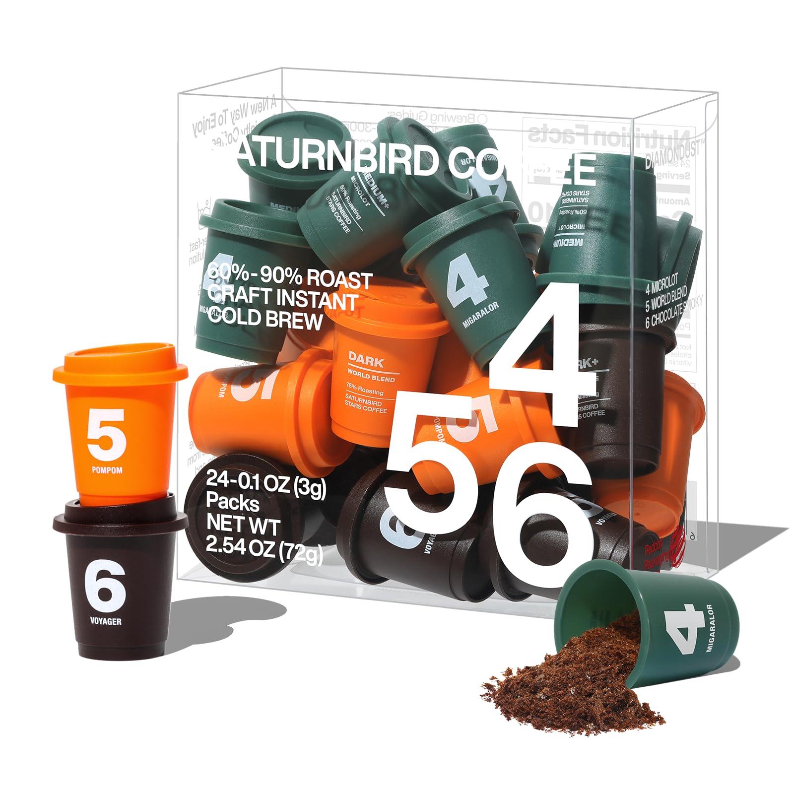 SaturnBird SATURNBIRD Coffee Instant Cold Brew - Medium, Dark Roast Variety Pack, 3 Roast Levels (NO.4-6), 100% Arabica Coffee Powder, Enjoy Cold/Hot, 24 Single Serves Perfect for Iced Coffee