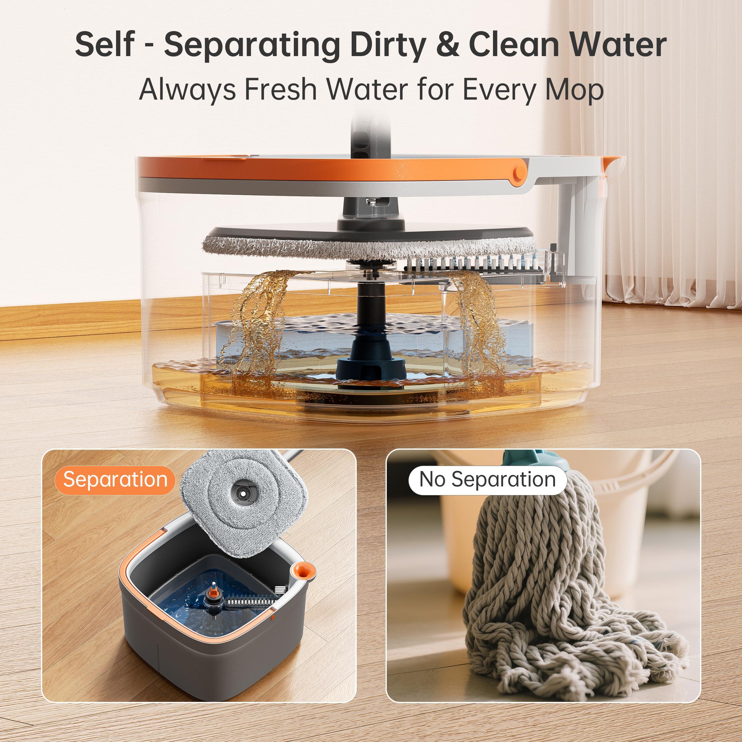 KZKR KZKR Spin Mop and Bucket Set with 2 Replaceable Microfiber Mop Pads with Self Separation Dirty and Clean Water System, Self Wringing 360 Rotating Square Mop Head for Hardwood Tile Marble Floors