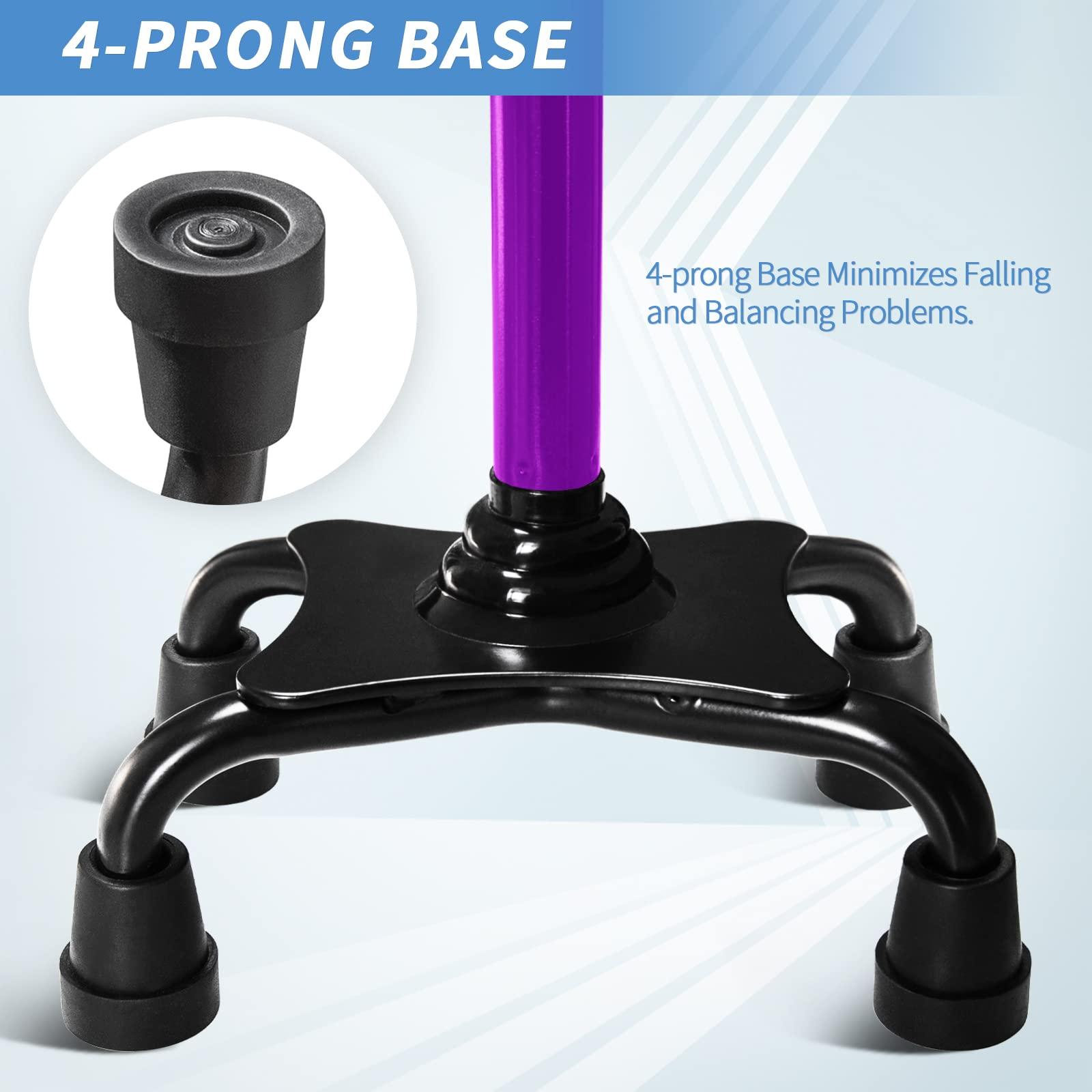 KingPavonini Adjustable Walking Cane for Men & Women with 4-Pronged Base for Extra Stability - Foldable Cane for Seniors with Foam Padded Offset Handle for Soft Grip & a Second Handle for Standing