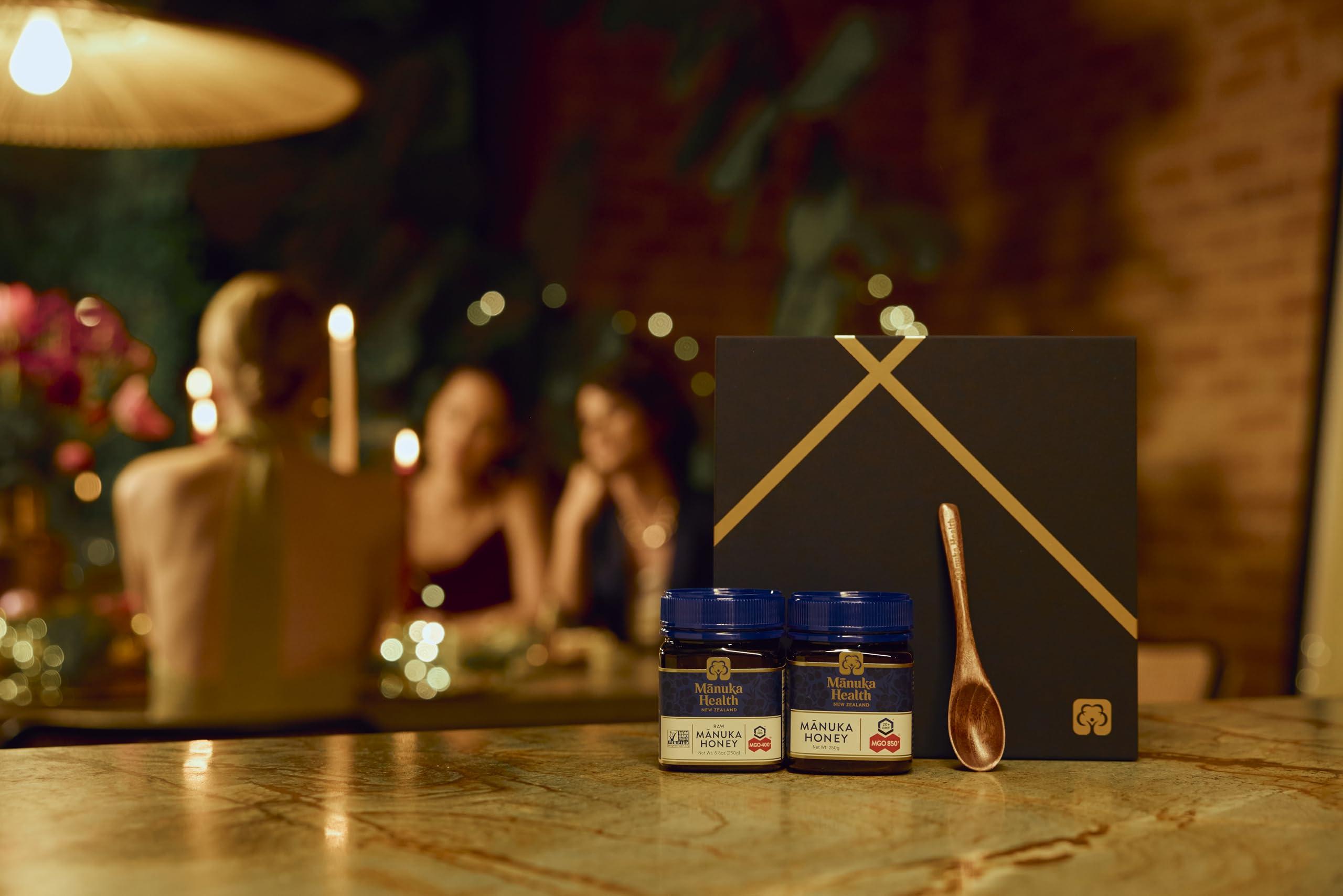 Manuka Health Manuka Health Holiday Gift Set, Certified Raw Manuka Honey from New Zealand, Includes UMF 20+/MGO 850+ 8.8oz Jar and UMF 13+/MGO 400+ 8.8 oz Jar with Wood Spoon