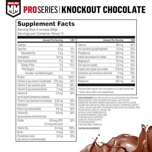 Muscle Milk Muscle Milk Pro Series Protein Powder Supplement,Knockout Chocolate,2 Pound,11 Servings,50g Protein,3g Sugar,20 Vitamins & Minerals,NSF Certified for Sport,Workout Recovery,Packaging May Vary