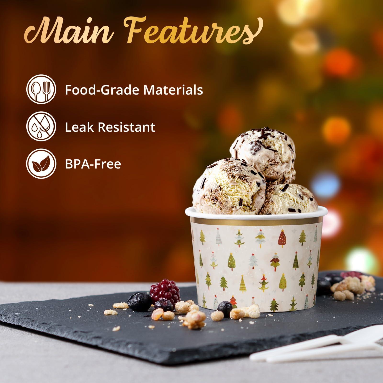 Confettiville Confettiville Paper Ice Cream Cups, 50-Count 9-Oz Disposable Dessert Bowls for Hot or Cold Food, 9-Ounce Christmas Party Supplies Treat Cups, Handdrawn Christmas Trees, Gold Foil