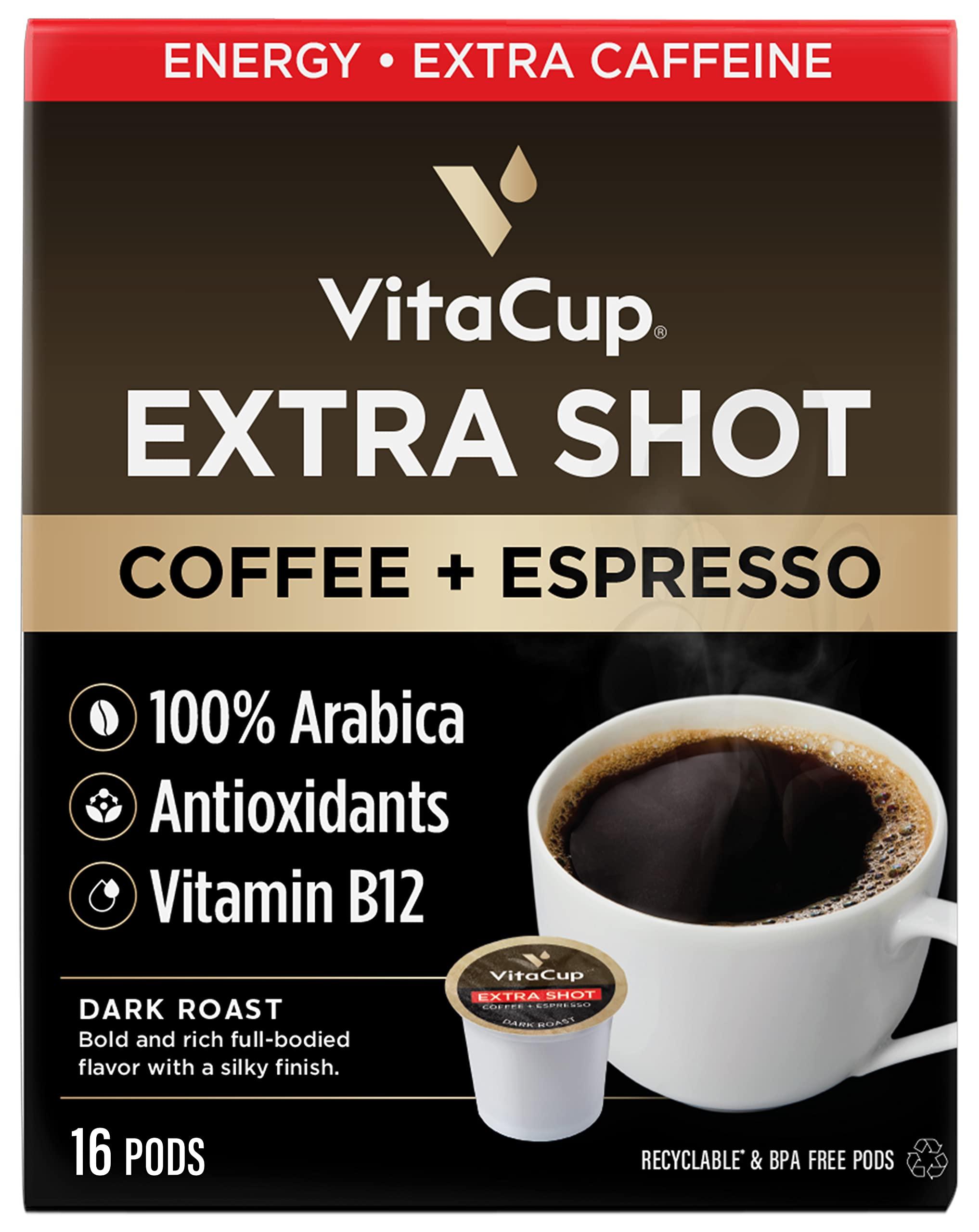 VitaCup VitaCup Extra Shot Strong Coffee Pods, Bold & Intense Dark Roast w/Espresso Shot, High Caffeine, Vitamin B12, Antioxidants, Recyclable Single Serve Pod Compatible w/Keurig K-Cup Brewers, 16ct
