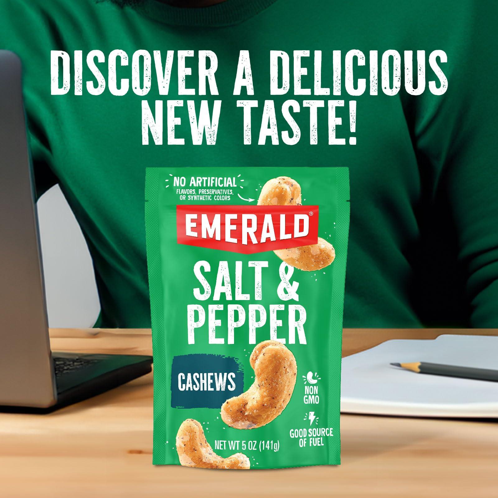 Emerald Emerald Nuts Salt and Pepper Seasoned Cashews (1-Pack), 5oz Resealable Bag, Kosher Certified, Non-GMO, Contains No Artificial Preservatives, Flavors or Synthetic Colors
