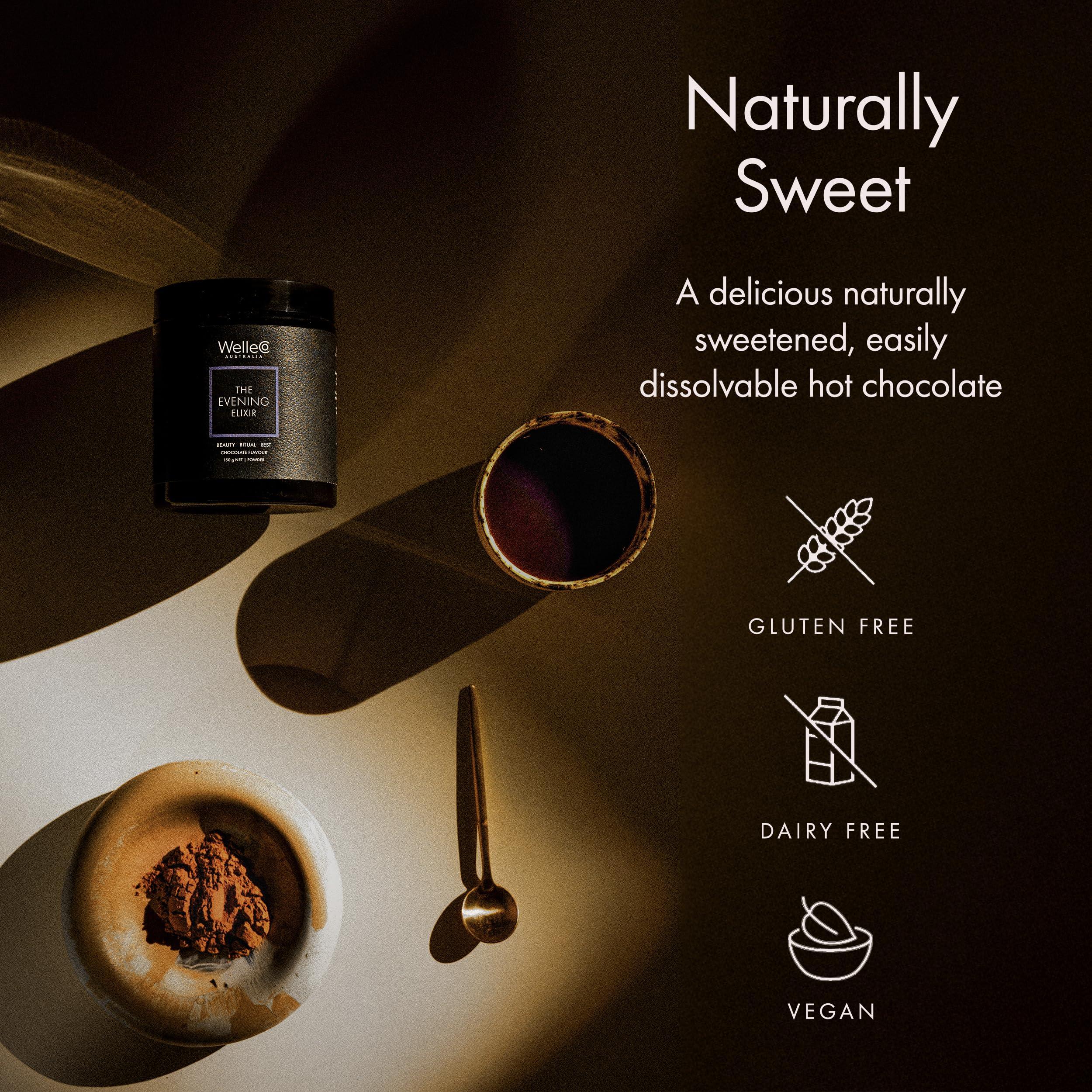 WelleCo WelleCo The Evening Elixir Skin Care Vitamin C Hot Chocolate Beauty Drink Mix with Niacin, Lemon Balm, and Magnesium for Sleep, Collagen Formation, Gluten Free, Vegan, Dairy Free, 150g (5.3oz) Jar