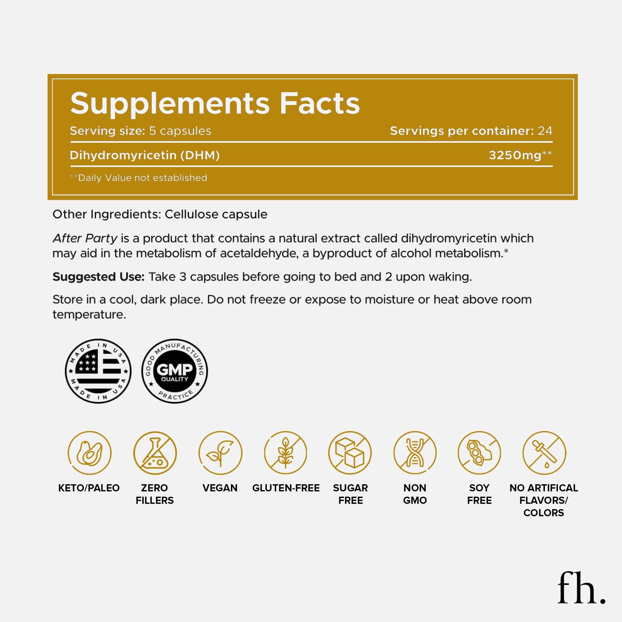 Fuller Health Fuller Health After Party, Dihydromyricetin Supplement | Supports Liver, Metabolism, Energy Levels, Post-Celebration Relief | Feel Refreshed, 650mg Per Pill | 1 Bottle, 24 Servings