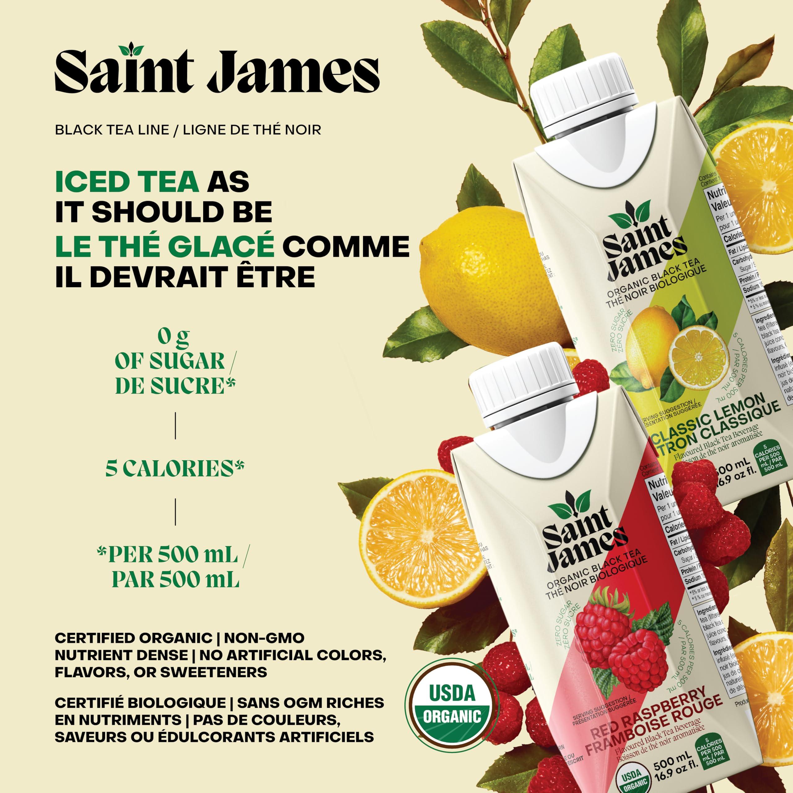 Saint James Brands Saint James Organic Black Tea, Classic Lemon, Zero Sugar, Kosher, USDA Certified Organic, 16.9 Fluid Ounce (Pack of 12)