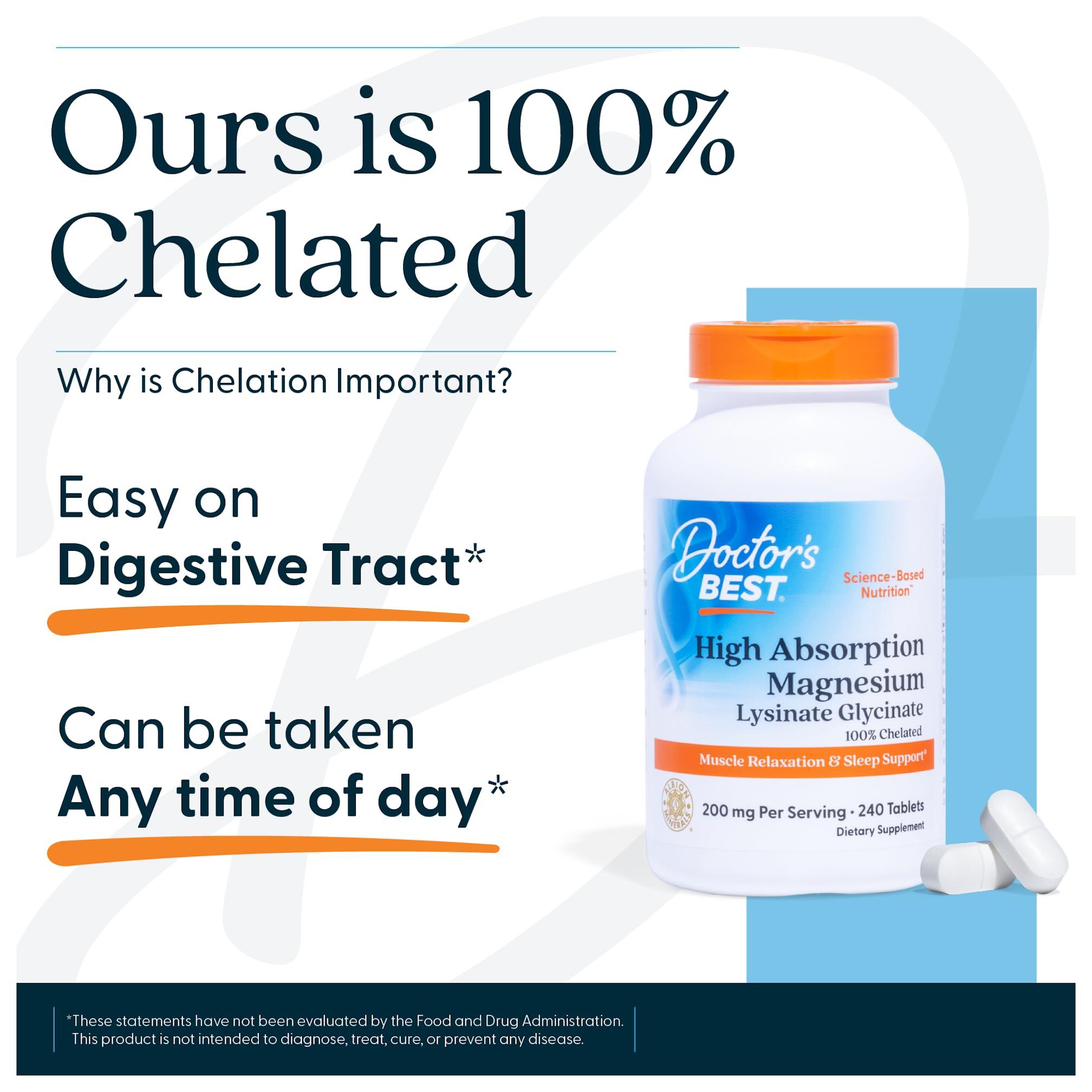 Doctor's BEST Doctors Best High Absorption Magnesium Glycinate Lysinate Supplement - 100% Chelated for Maximum Absorption - Magnesium for Sleep and Muscle Relaxation - 200 Mg Per Serving - 120 Tablets