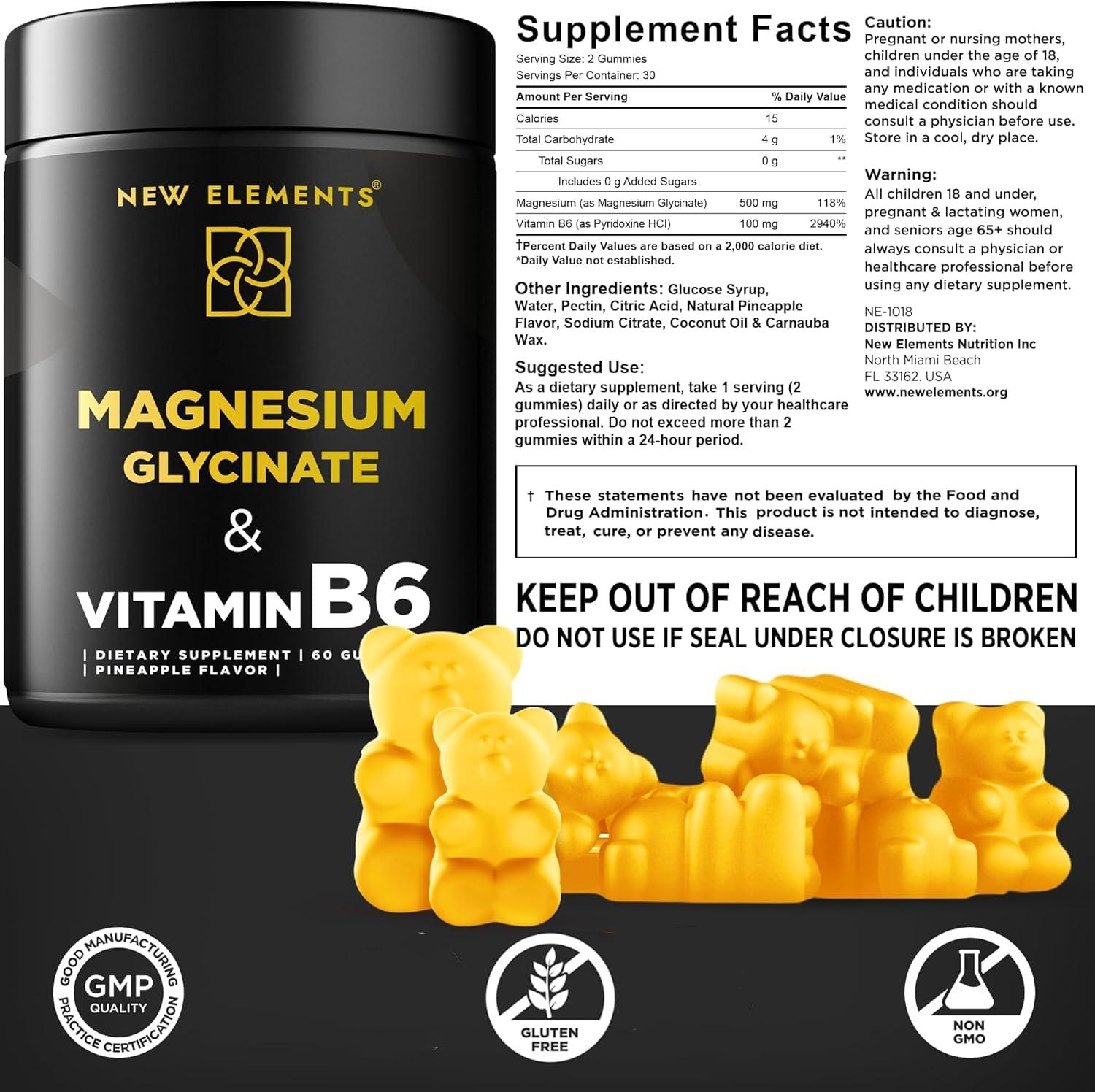 New Elements Magnesium Glycinate Gummies 500mg with Vitamin B6 100mg for Adults and Kids - High Absorption | Non-GMO | No Gluten | Stress Relief | Sleep & Relaxation | Muscle & Heart Support | Natural & Vegan