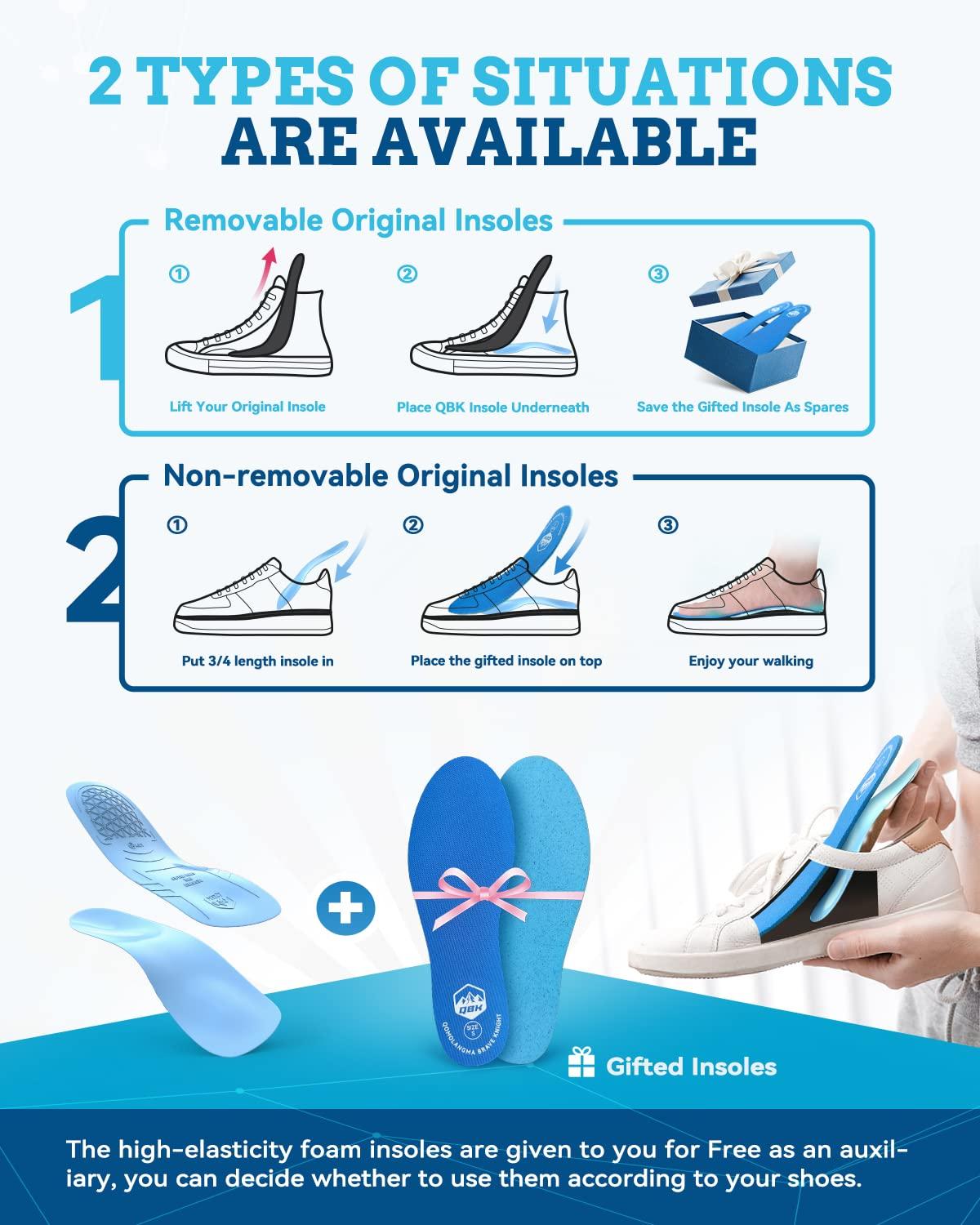 QBK QBK High Arch Support Insoles for Women Men Plantar Fasciitis Insoles Shoe Inserts Orthotic Inserts Sole Arch Support Orthaheel Inserts QB1 QA8 M