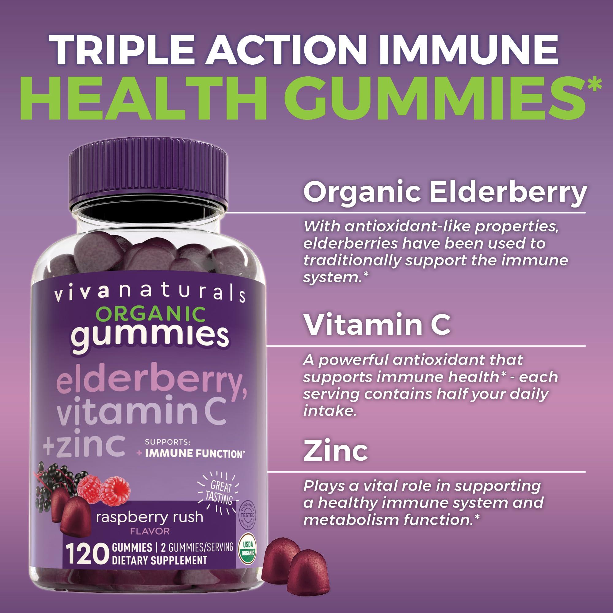 Viva Naturals Organic Sambucus Elderberry Gummies with Zinc and Vitamin C (120 Count) - 3 in 1 Black Elderberry Gummies for Adults Immune Support, Chewable Elderberry Supplements, Immunity Gummies