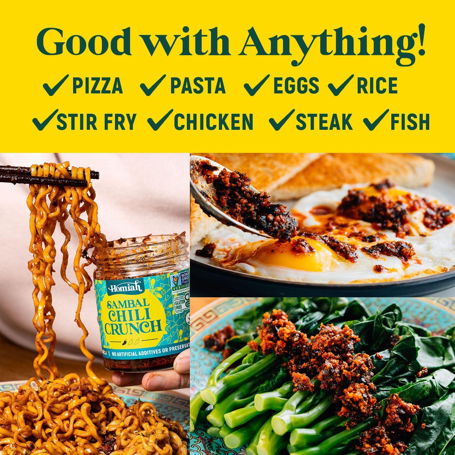 Homiah Homiah Sambal Chili Crunch, 6oz - Less Oil Low Sodium Gluten Free Vegan, Sambal Oelek Chili Paste, Crispy Chili Crunch Topping with Seaweed - Mild