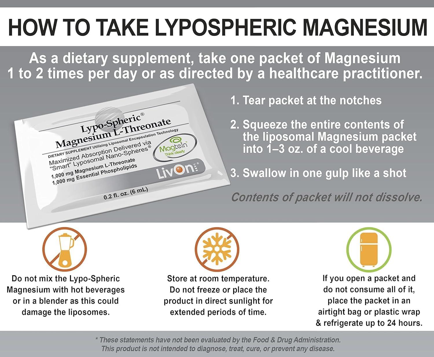 LivOn Laboratories LivOn Laboratories Lypo-Spheric Magnesium L-Threonate - 30 Packets - 77mg Per Packet - Liposome Encapsulated for Maximum Bioavailability - Professionally Formulated - 100% Non-GMO