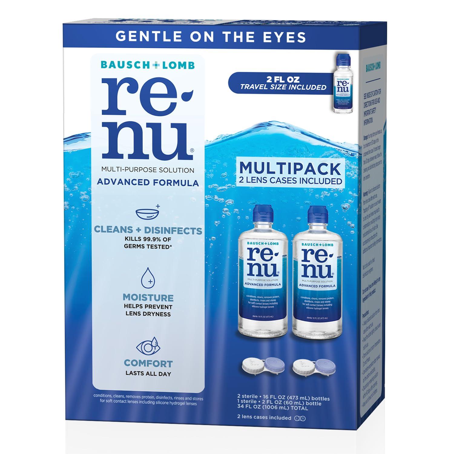 Renu Renu Contact Lens Solution Multipurpose Disinfectant, Advanced Formula Lens Cleaner, Cleans & Moisturizes Soft & Silicon Hydrogel Lenses, Multi-Pack 16 Fl Oz (Pack of 2) + 2 Fl Oz Travel Size