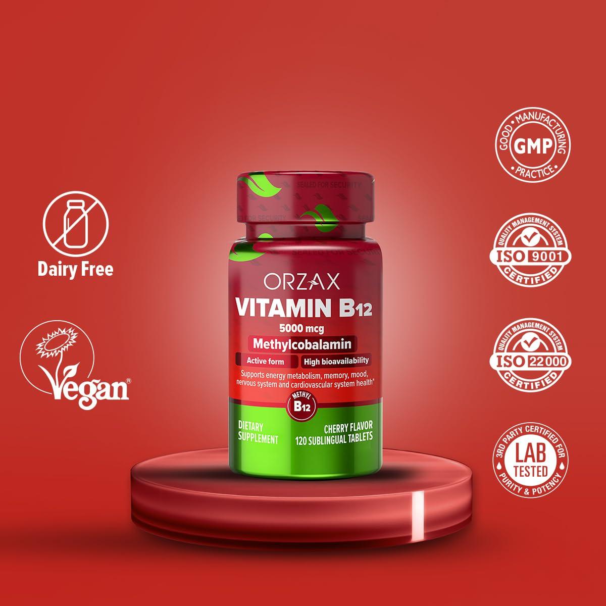 ORZAX ORZAX Vitamin B12 5000 mcg Methylcobalamin for Memory, Mood, Cardiovascular and Energy Supplement - Cherry Flavored - 120 Sublingual Tablets
