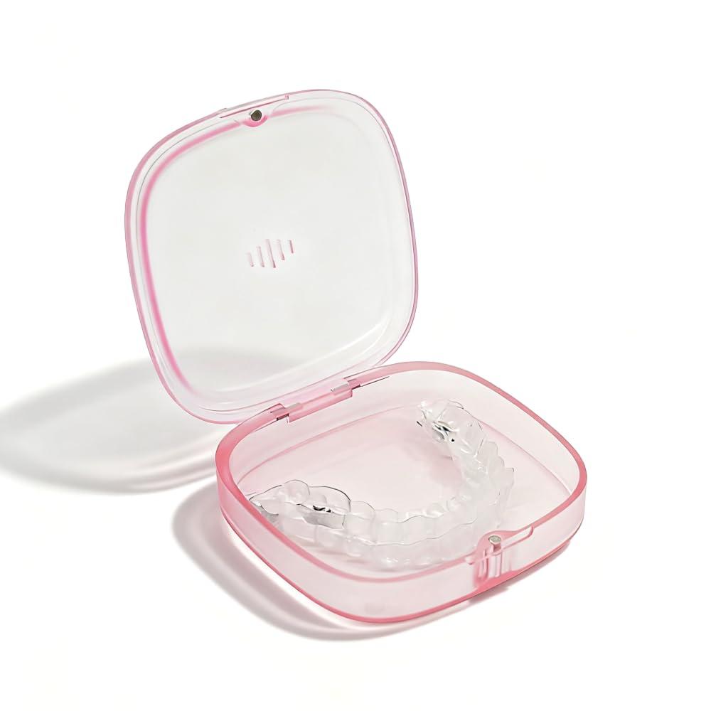 Maobuli Transparent Slim Retainer Case, Small Aligner Case for Travel, Compact Night Guard Case with Vent Holes, Fancy Retainer Holder Compatible with Invisalign(Pink)