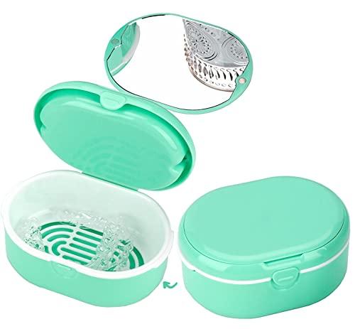 MURRI&MURRDI MURRI&MURRDI Retainer Case, Denture Bath Box with Strainer Basket, Mouth Guard Case, Braces Cleaner Cup, Cute Denture Holder Storage Soak Container for Travel Cleaning (D Green)