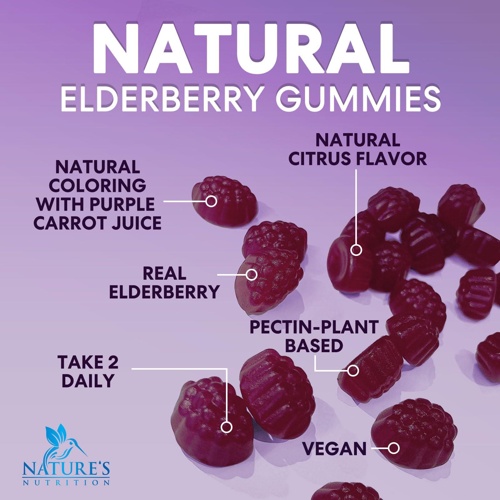 Nature's Nutrition Sambucus Elderberry Immune Gummies, Daily Elderberry Immune Support Vitamins with Vitamin C, Vitamin D3, Zinc, Immune Support Gummy Vitamin Supplement, Black Elderberry for Adults & Kid - 120 Gummies