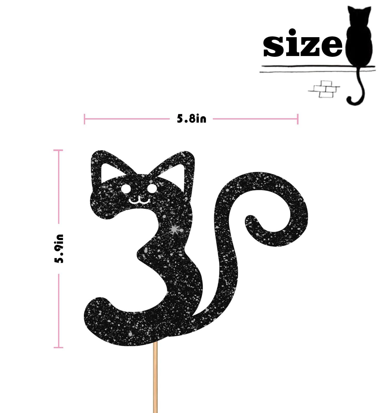 MINUET MINUTE Cat Three Cake Topper, Number 3 Cake Topper for Baby Girl, Kitty Happy 3rd Birthday Party Supplies, Pet Cat Three Year Old Party Decoration - Black Glitter
