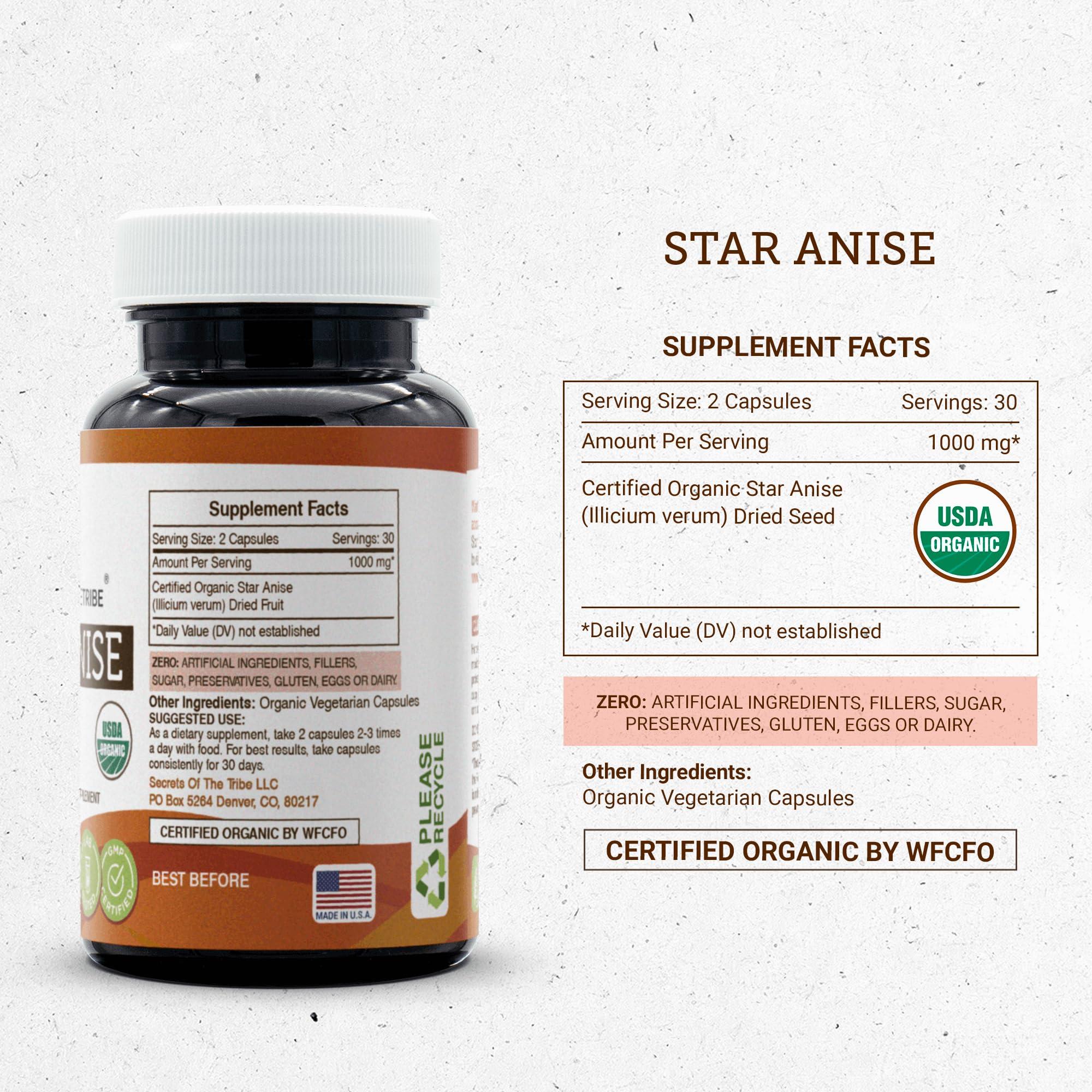 Secrets of the Tribe Secrets of the Tribe Star Anise USDA Organic 60 Capsules | Made with Vegetarian Capsules and Certified Organic Star Anise (Illicium verum) Dried Seed (60 Capsules)