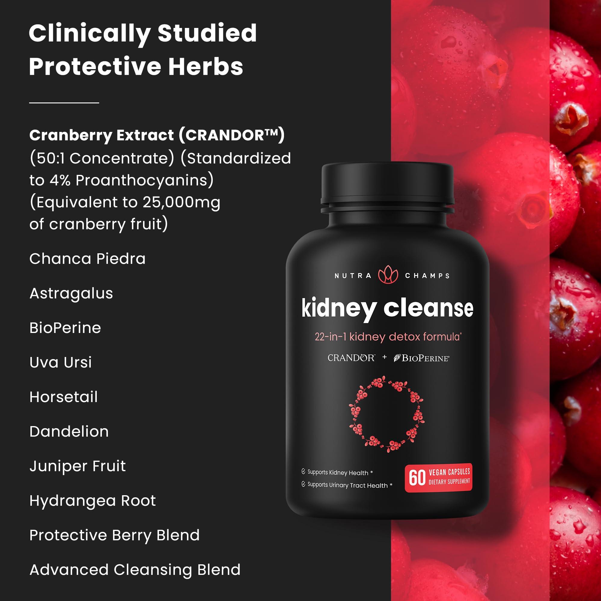 NutraChamps Kidney Cleanse Detox & Repair | 22-In-1 Kidney Health Supplement | Extra Strength 50:1 Cranberry Extract with Bioperine for Increased Absorption | Kidney & Urinary Tract Support & Flush Formula