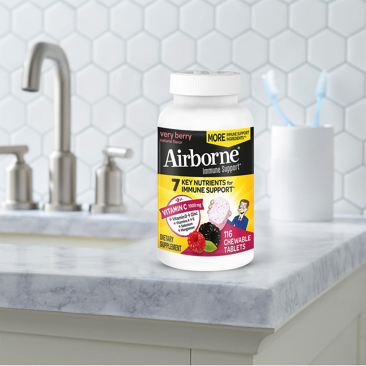 Airborne Airborne 1000mg Vitamin C + Zinc Immune Support Supplement Chewable Tablets, Very Berry Flavor with Powerful Antioxidants Vitamins A C & E, 116 Chewable Tablets (2 Pack)