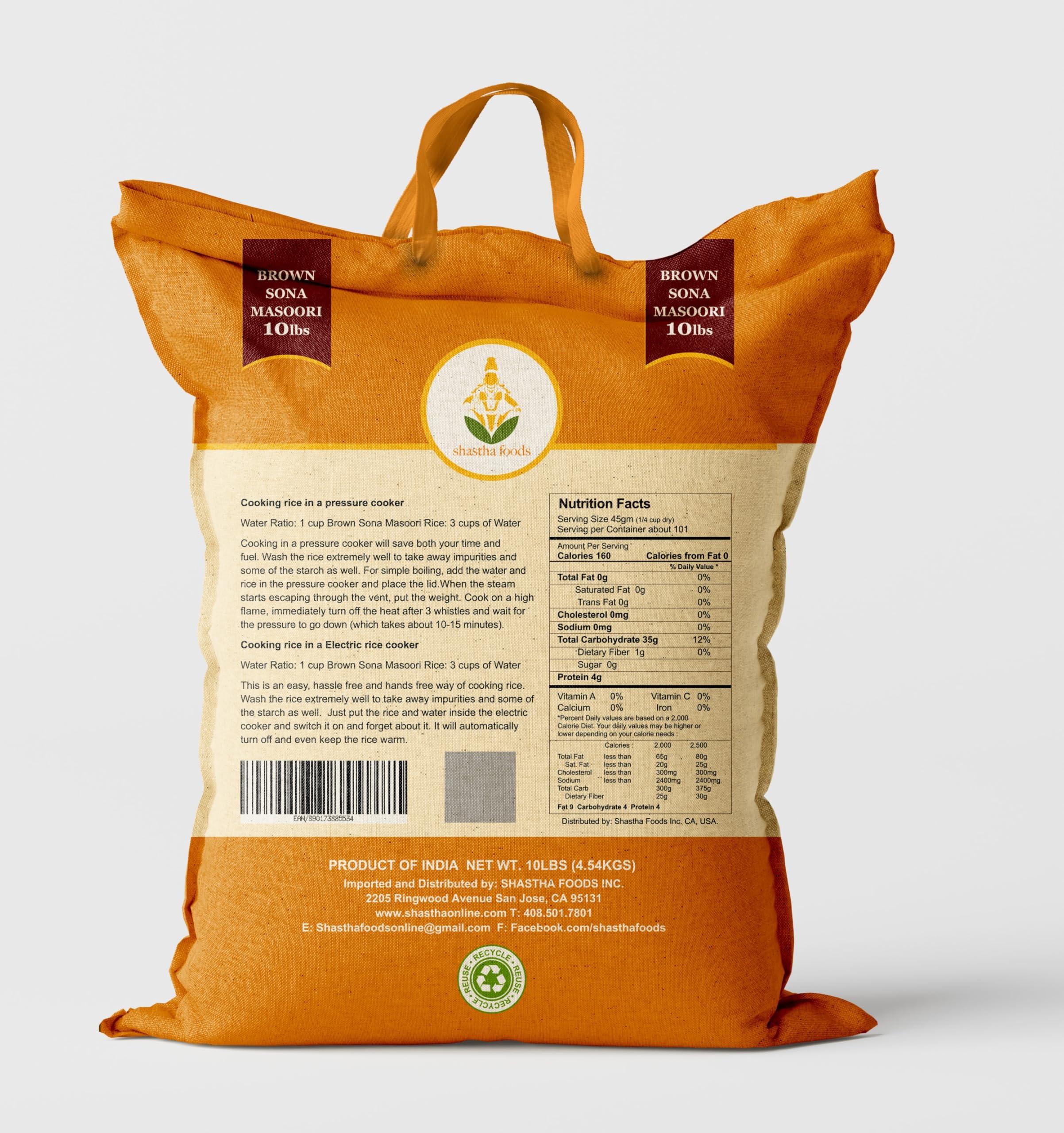 SHASTHA FOODS Shastha Brown Sona Masoori Rice 10 Lbs (pack of 1) 10 Lbs x 1 Bag ( Total 10 Lbs)