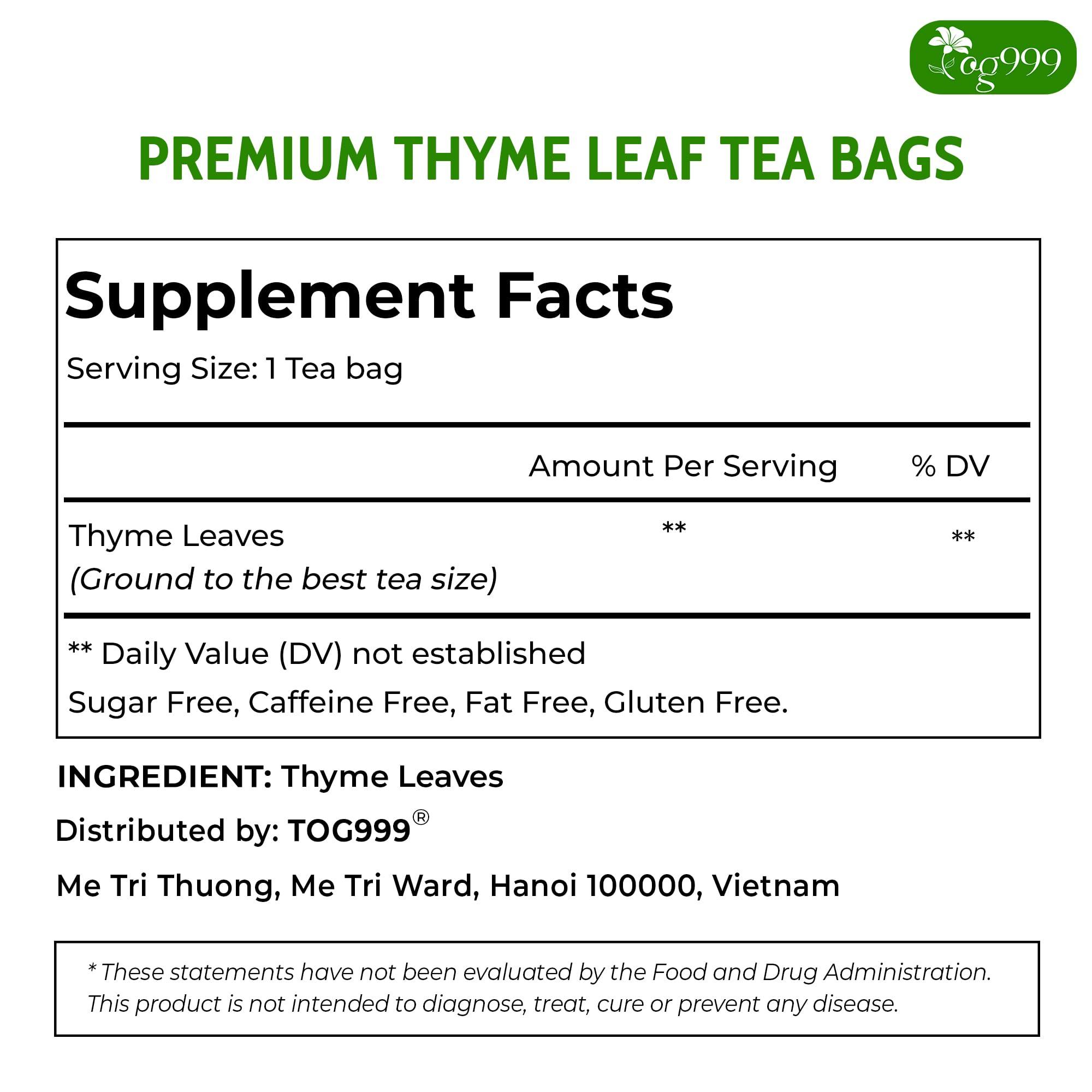 TOG999 TOG999, Premium 120 Thyme Leaf Tea Bags, 100% Natural & Pure Thyme Leaves. Loose Leaf Thyme Herbal Tea. Thyme Leaf Tea. No Sugar, No Caffeine, No Gluten, Vegan.