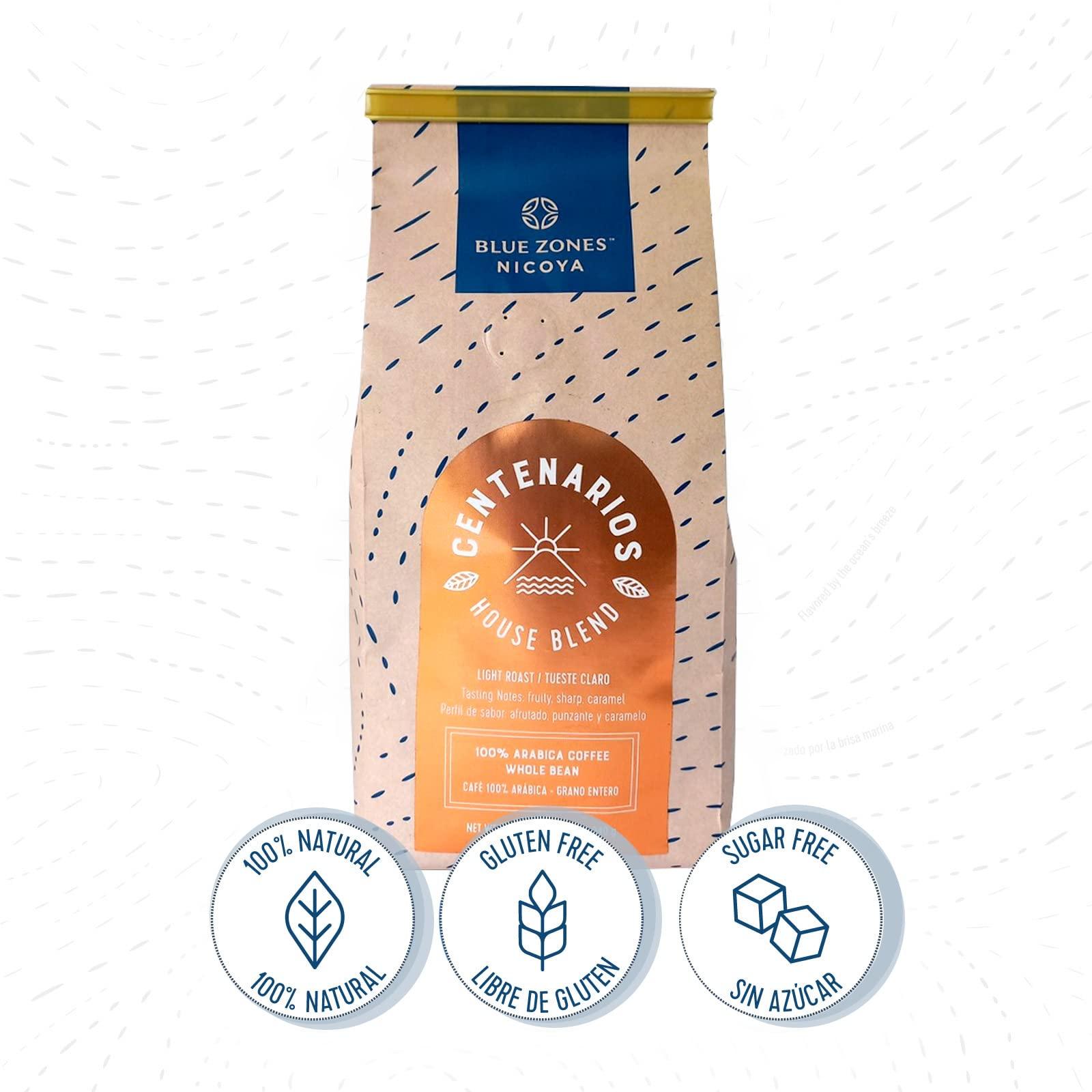 BLUE ZONES Blue Zones Nicoya - Centenarios Whole Bean Coffee - 100% Arabica Light Roast, House Blend - Fruity Caramel Flavor - All Natural, Gluten & Sugar-Free (12oz/ 340g)