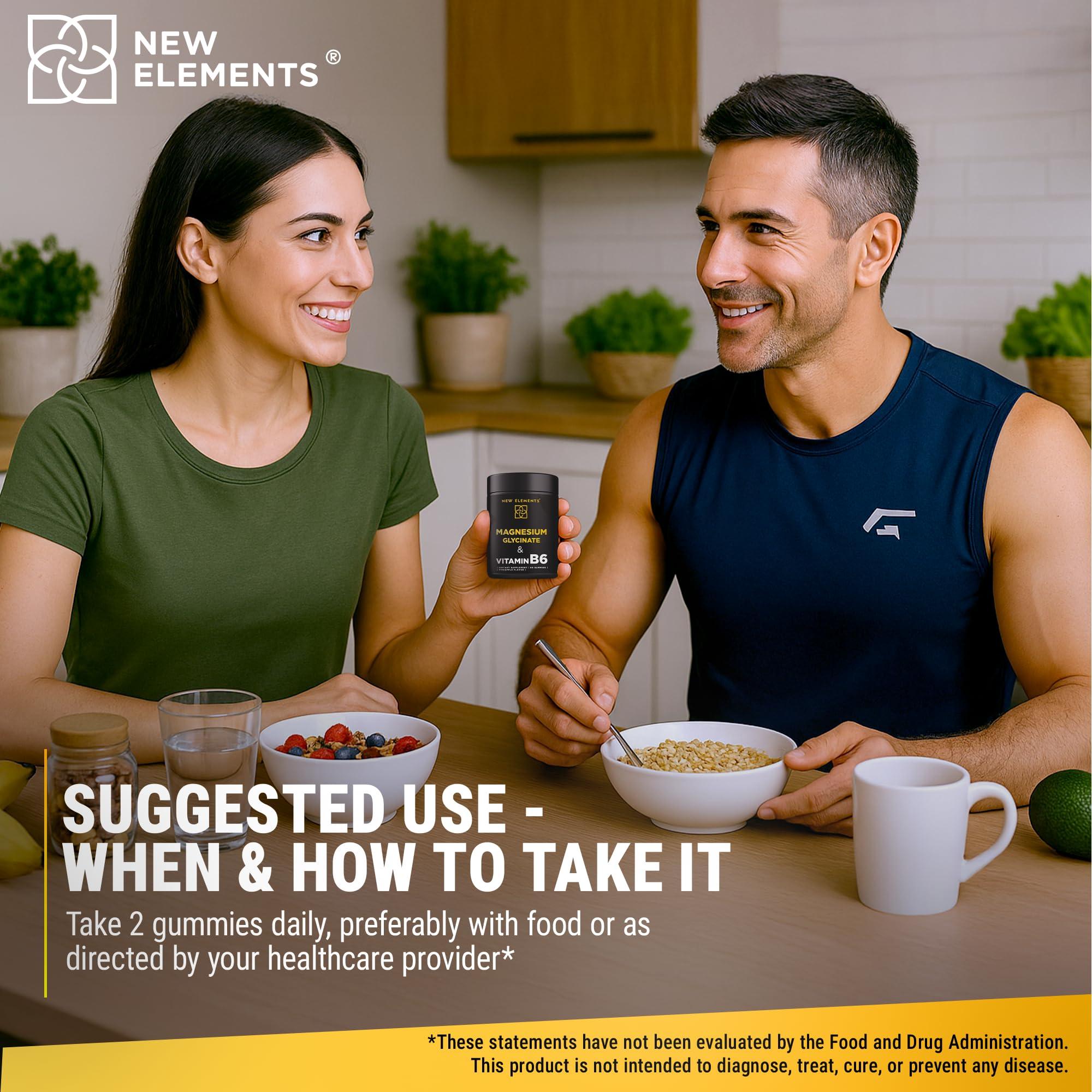 New Elements Magnesium Glycinate Gummies 500mg with Vitamin B6 100mg for Adults and Kids - High Absorption | Non-GMO | No Gluten | Stress Relief | Sleep & Relaxation | Muscle & Heart Support | Natural & Vegan