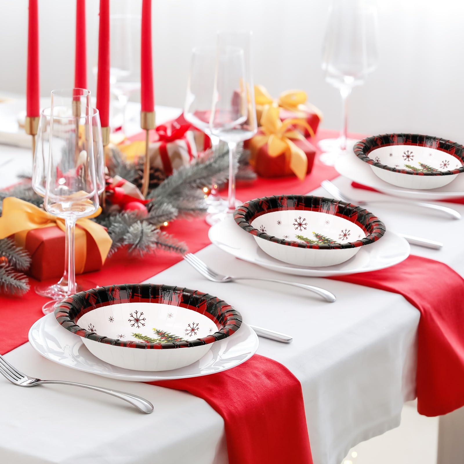Whaline Whaline 100Pcs Christmas Paper Bowls Red Black Plaid Xmas Tree Truck Disposable Serving Bowls Winter Christmas Ice Cream Bowl for Hot Cold Food Party Supplies