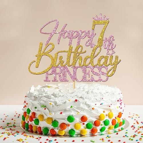 RoadSea RoadSea Princess 7th Birthday Cake Topper - Happy 7th Birthday Cake Supplies for Girl - Girl Seven Years Old Birthday Party Decorations - Pink & Gold Glitter (7th)