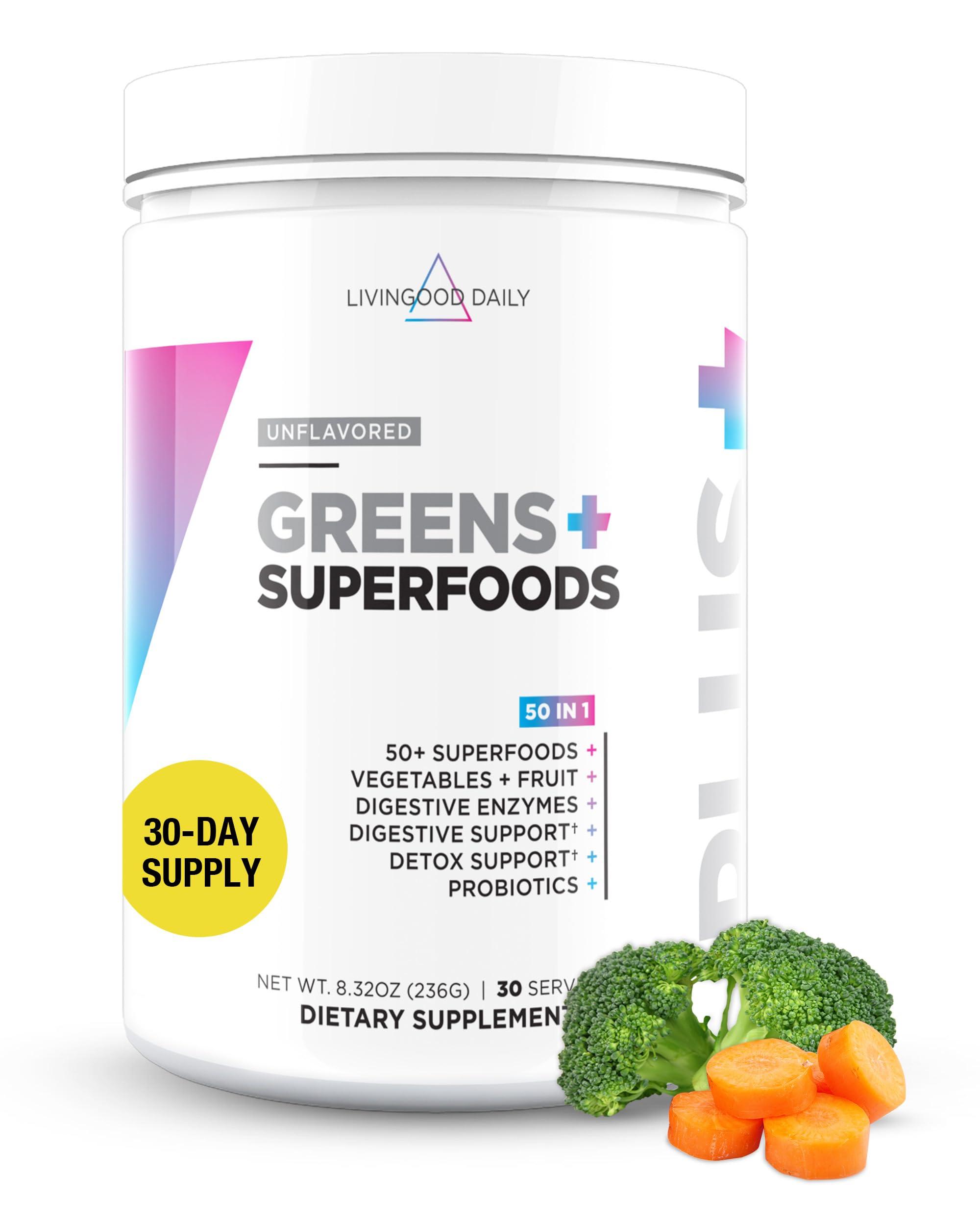 Livingood Daily Livingood Daily Greens Superfood Powder (Unflavored) - Super Greens Powder for Gut Health - Green Juice Powder Supplement with Spirulina, Chlorella, Enzymes, & Probiotics for Liver & Digestive Support