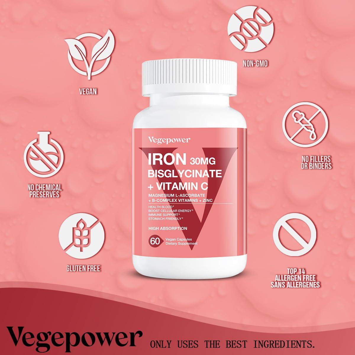 VEGEPOWER Iron Bisglycinate Supplement for Women & Men - 30mg Iron Pills with Vitamin C, B12, Folic Acid - Chelated Iron for Anemia, Blood Builder - High Absorption, Gluten-Free, Non-GMO - 60 Vegan Caps