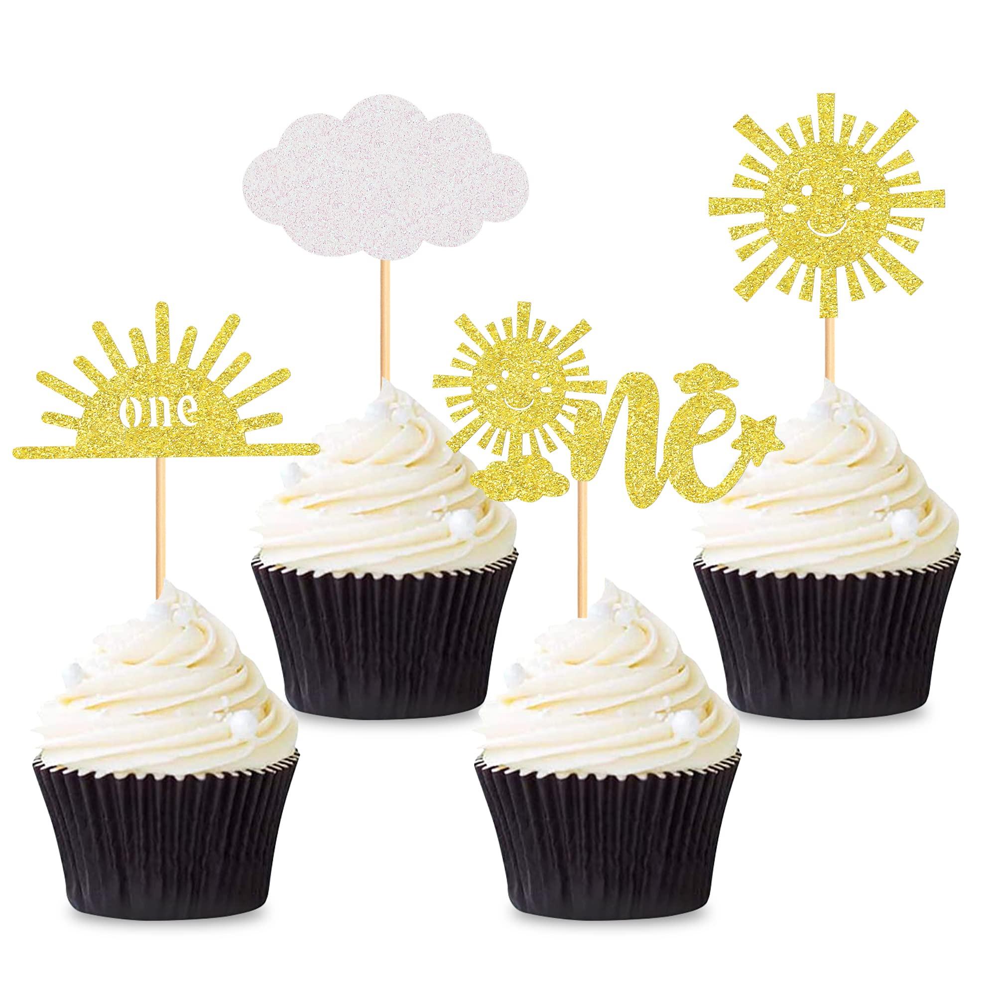 Cyodoos Cyodoos 24Pcs Sunshine One Cupcake Toppers Sun Simle Face Cloud You are My Sunshine First Birthday Cupcake Picks Baby Shower 1st Birthday Party Cake Decorations Supplies - Gold Glitter