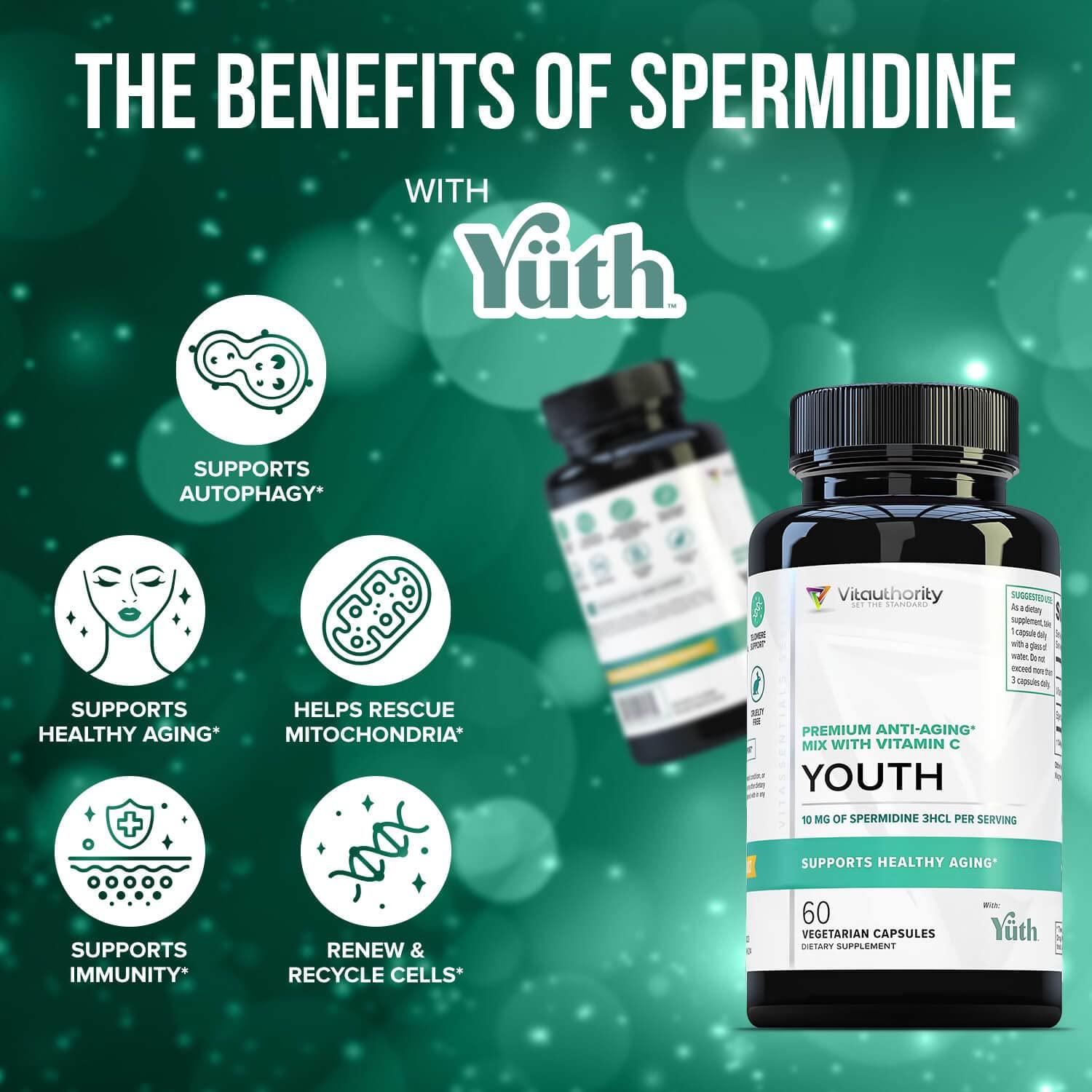 Vitauthority Enhanced Absorption Pure Spermidine Supplement - 99% Standardized Spermidine 3HCL Anti Aging Supplement for Women and Mens Longevity Brain Telomere Heart Cell and Skin Support - 60 Servings