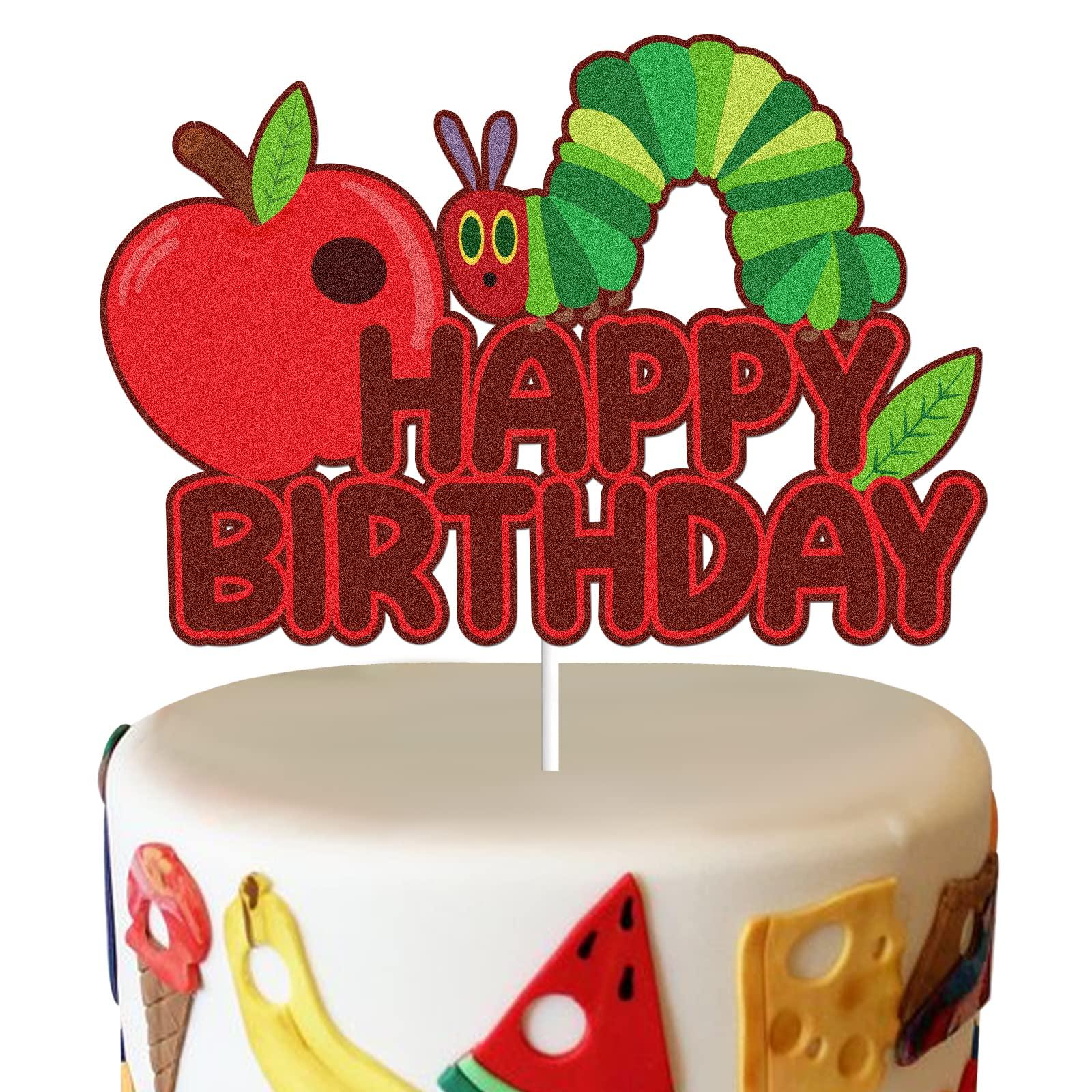 LINGBOOM Hunger Caterpillar Happy Birthday Cake Topper Fairy tales Very Hungry Caterpillar Butterfly Birthday Cake Decoration Red Glitter Juicy Fruit Theme Birthday Party Supplies