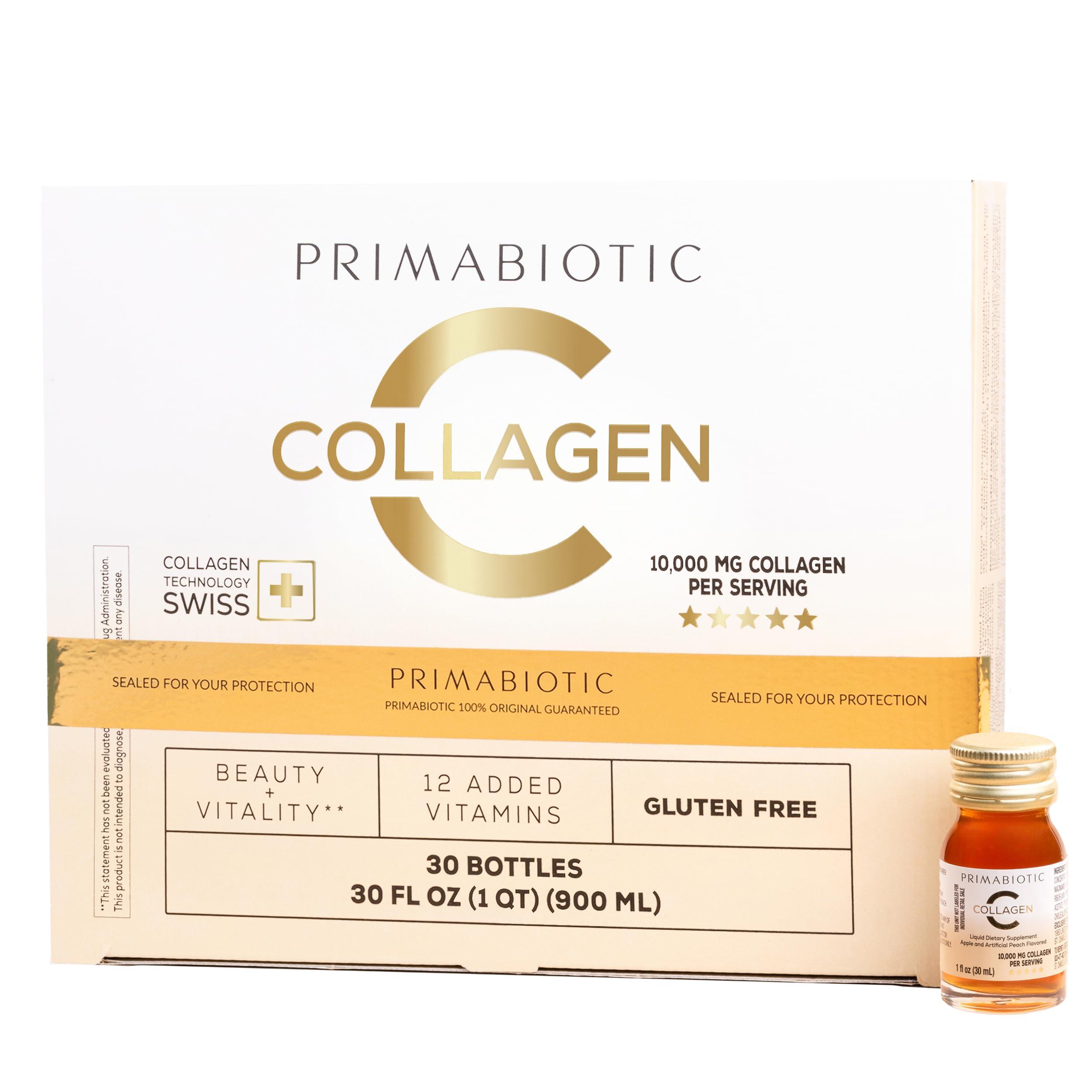 Primabiotic PRIMABIOTIC Liquid Collagen - High Collagen Content [10,000 Mg] Per Serving - Hydrolyzed Collagen and 12 Vitamins - Gluten Free- 900 Ml - Pack of 30 Bottles x 30 Ml