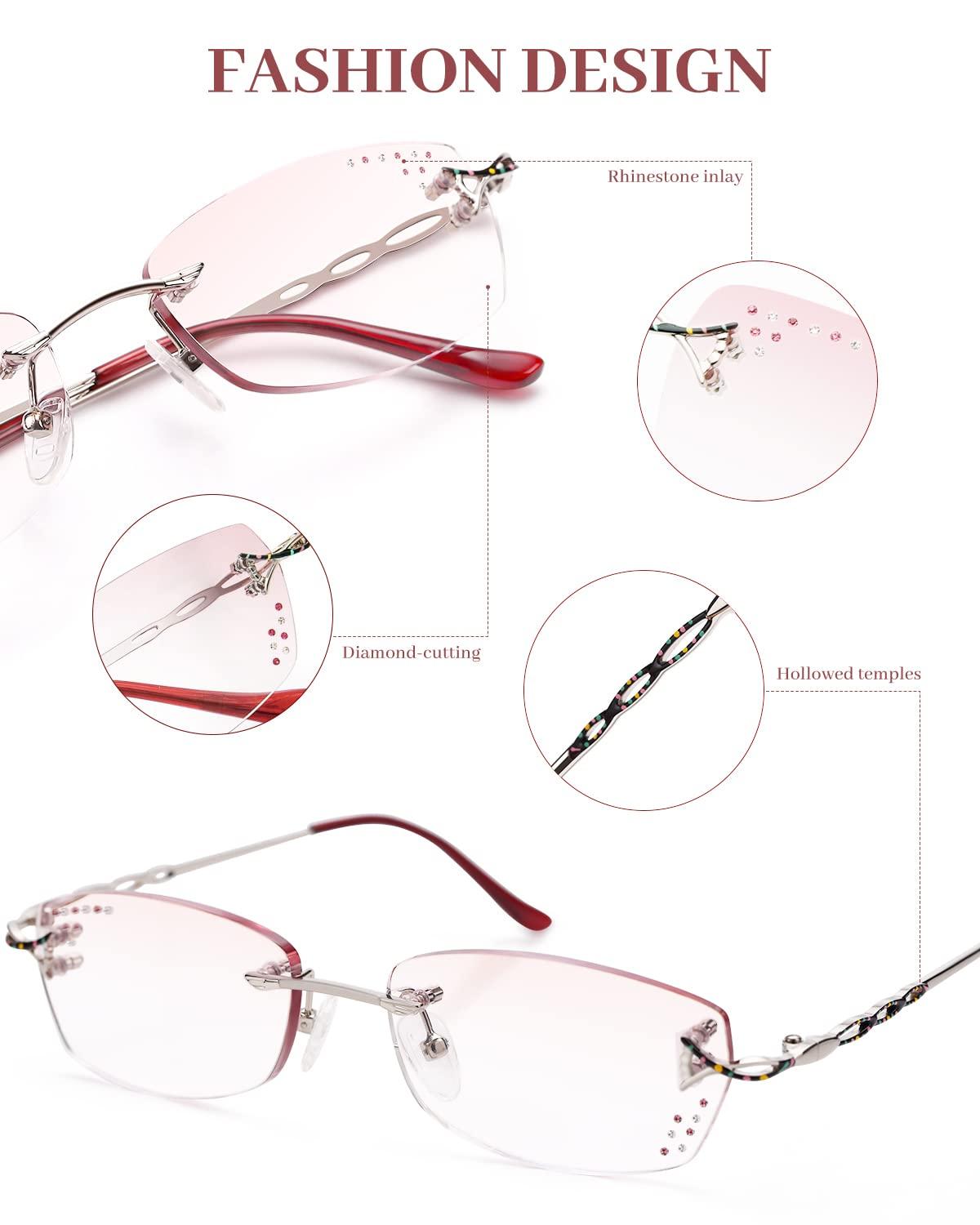LUFF LUFF Rimless Reading Glasses for Women, Fashion Diamond Cutting Frameless Glasses,Stylish Ultra-light Metal Frameless Reader(1.5X)