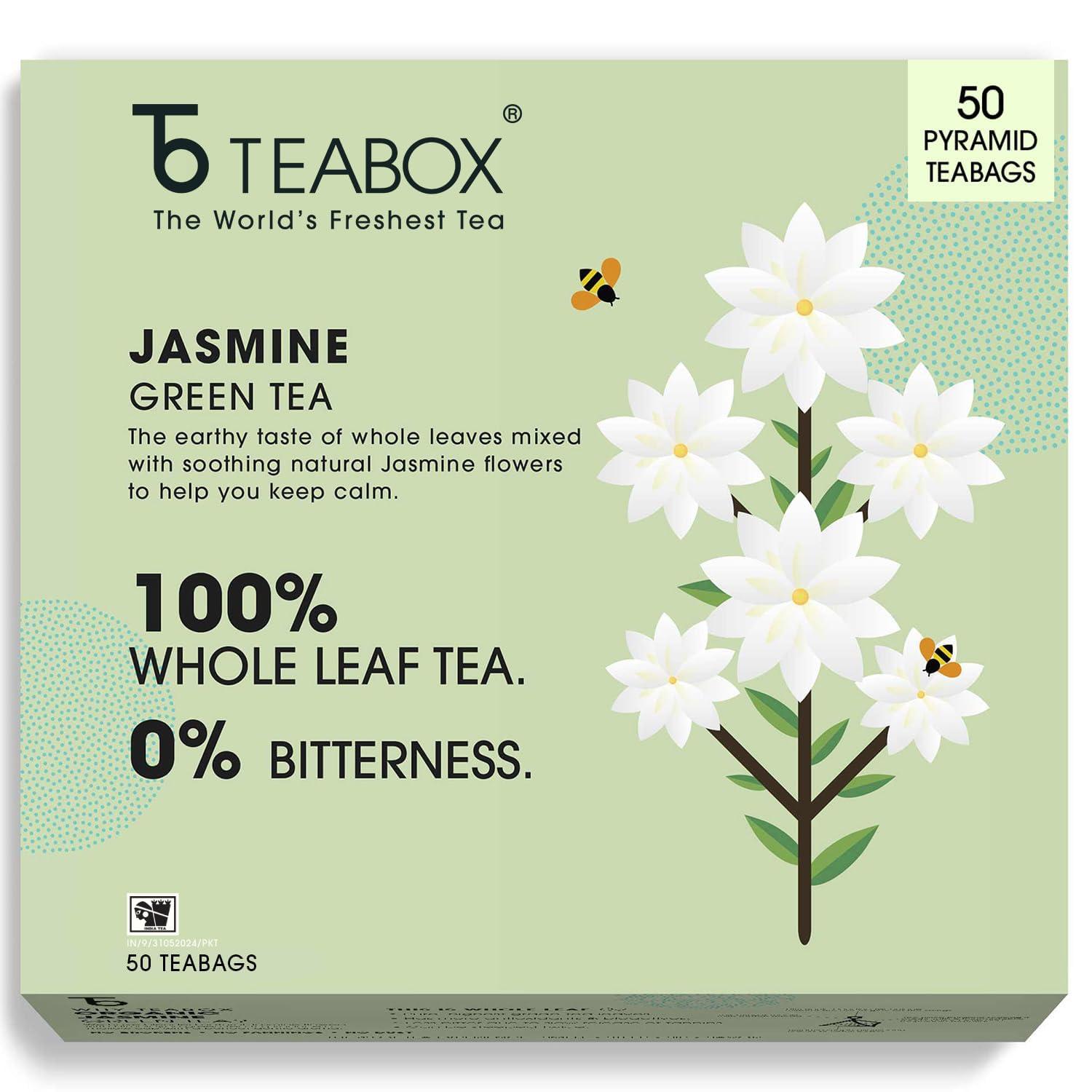 Teabox Teabox Premium ORGANIC Green Tea With Jasmine Flowers And Natural Flavours | 100% Whole Leaf Green Tea From The Himalayas | USDA ORGANIC (50 Count (Pack of 1))