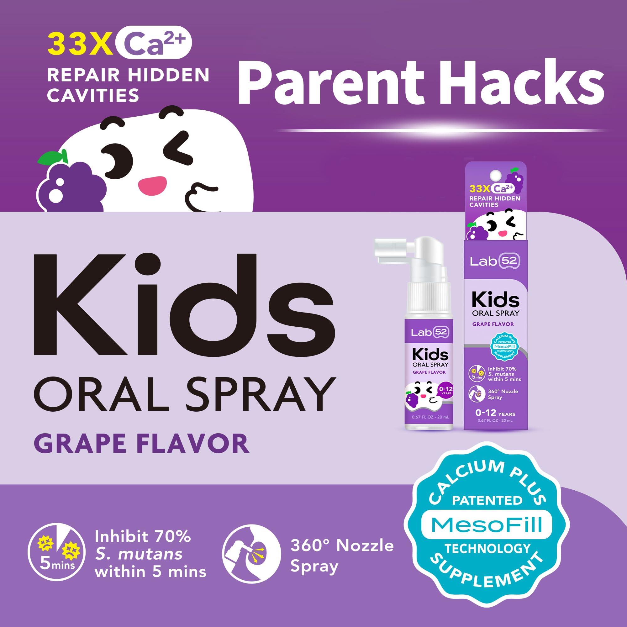 LAB 52 LAB52 Kids Oral Spray, Toddler Toothpaste Helper for Cavity Repair and Fresh Breath, Children Anticavity with Fluoride Free for Newborn to Preschoolers, Xylitol Grape Flavor