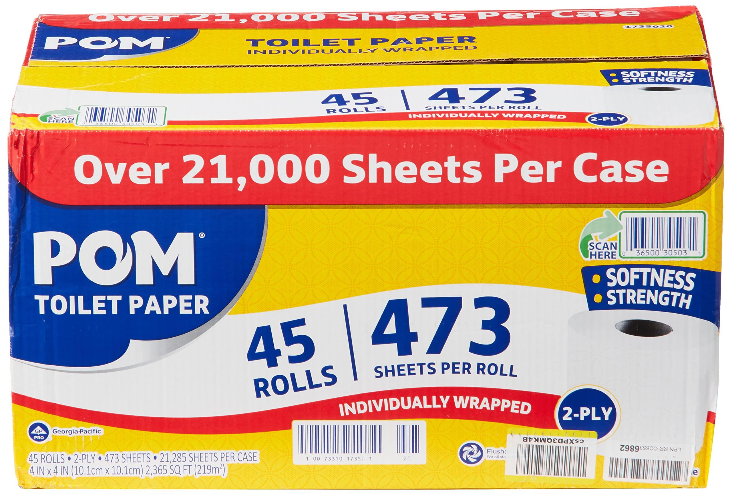 POM POM Pom Embossed 2-ply Toilet Paper, White, 45 Rolls, 473 Sheets