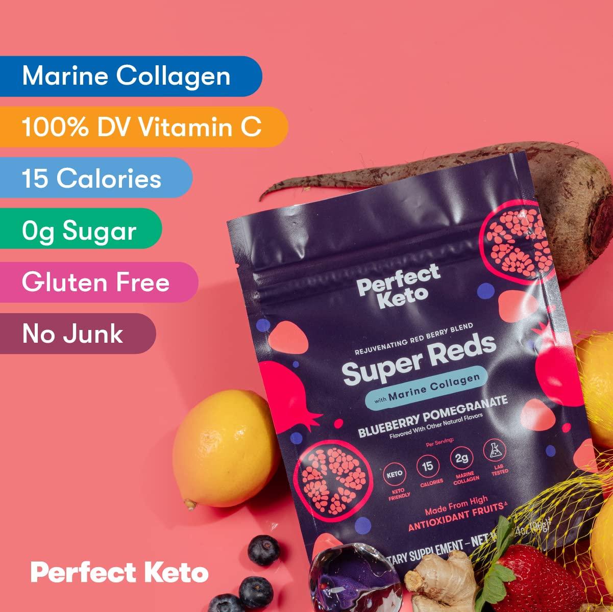 Perfect Keto Perfect Keto Super Reds Superfood Powder, Antioxidants Supplement with Fruit & Vegetable Powder, Polyphenols & Marine Collagen, Drink Mix for Skin & Energy Support, Blueberry Pomegranate, 20 Servings
