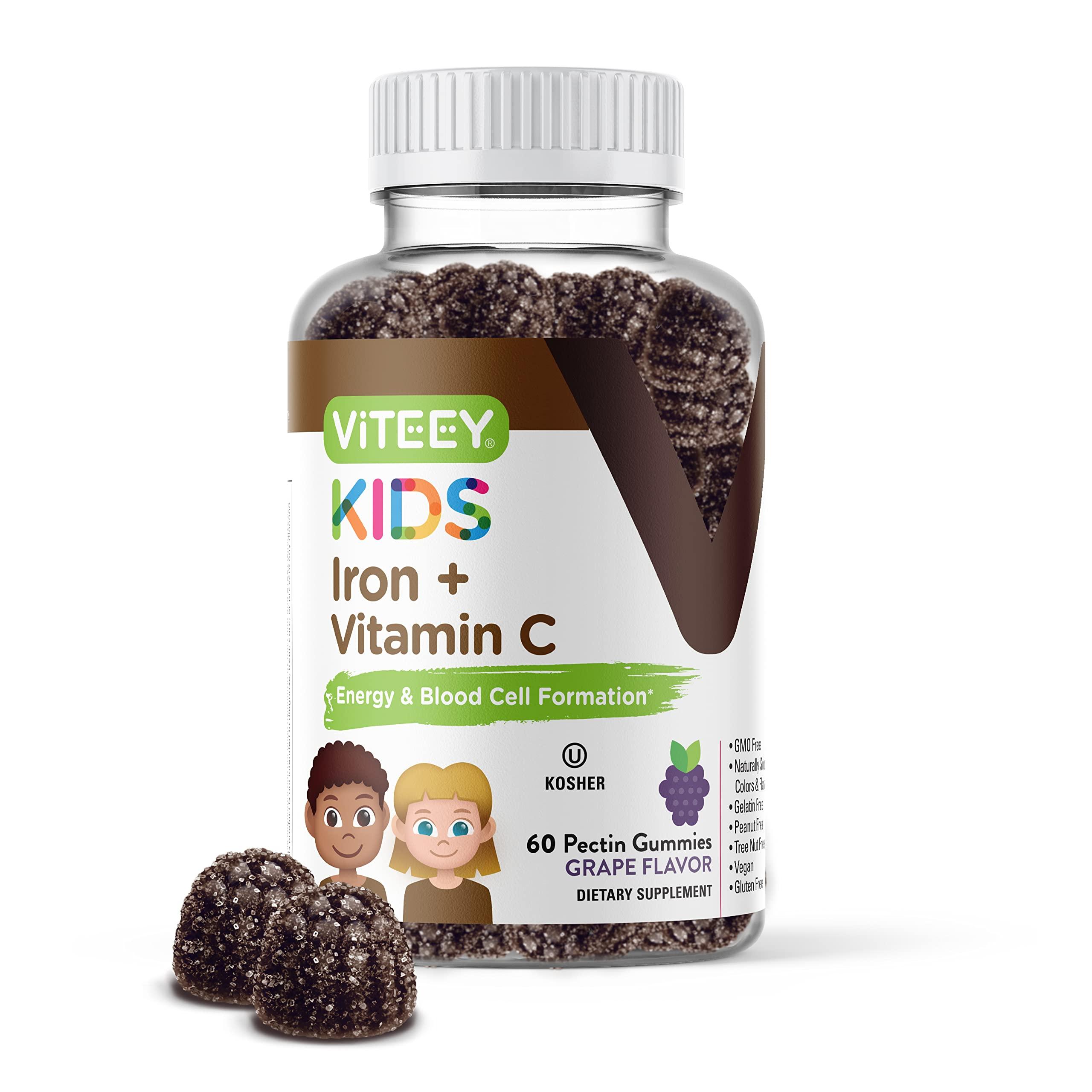 Viteey Iron Gummies for Kids with Vitamin C - Supports Energy, Blood Cell Formulation, Blood Builder Anemia Kids Iron Supplements - Vegan, Gelatin Free, Gluten Free - Tasty Chewable Grape Flavored Gummy