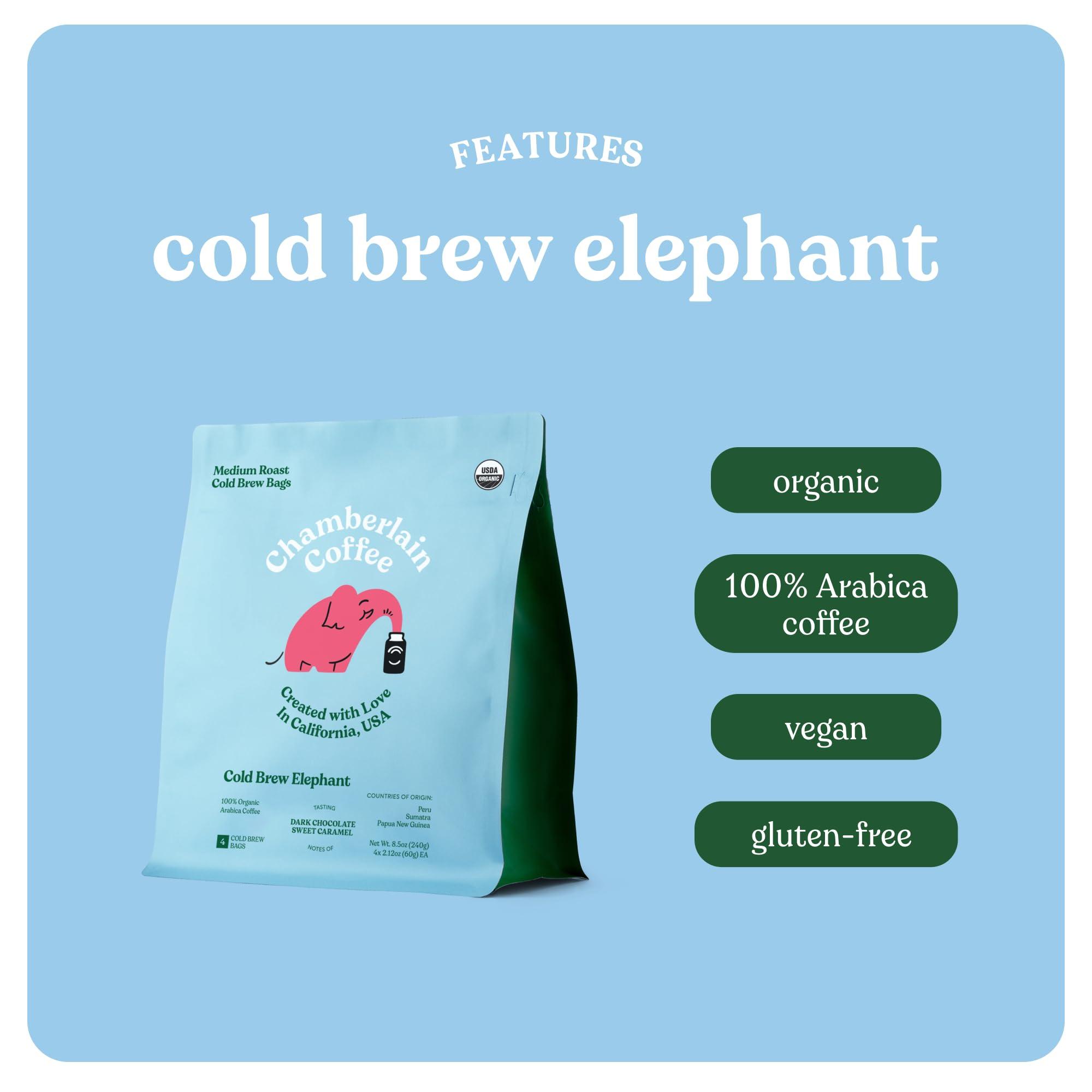 Chamberlain Coffee Chamberlain Coffee Elephant Cold Brew Bags - XL Cold Brew Bags - Premeasured, Ready to Brew, Cold Brew Coffee Packs - Contains 4 XL Cold Brew Bags, Makes 4 Cups of Coffee Per Bag