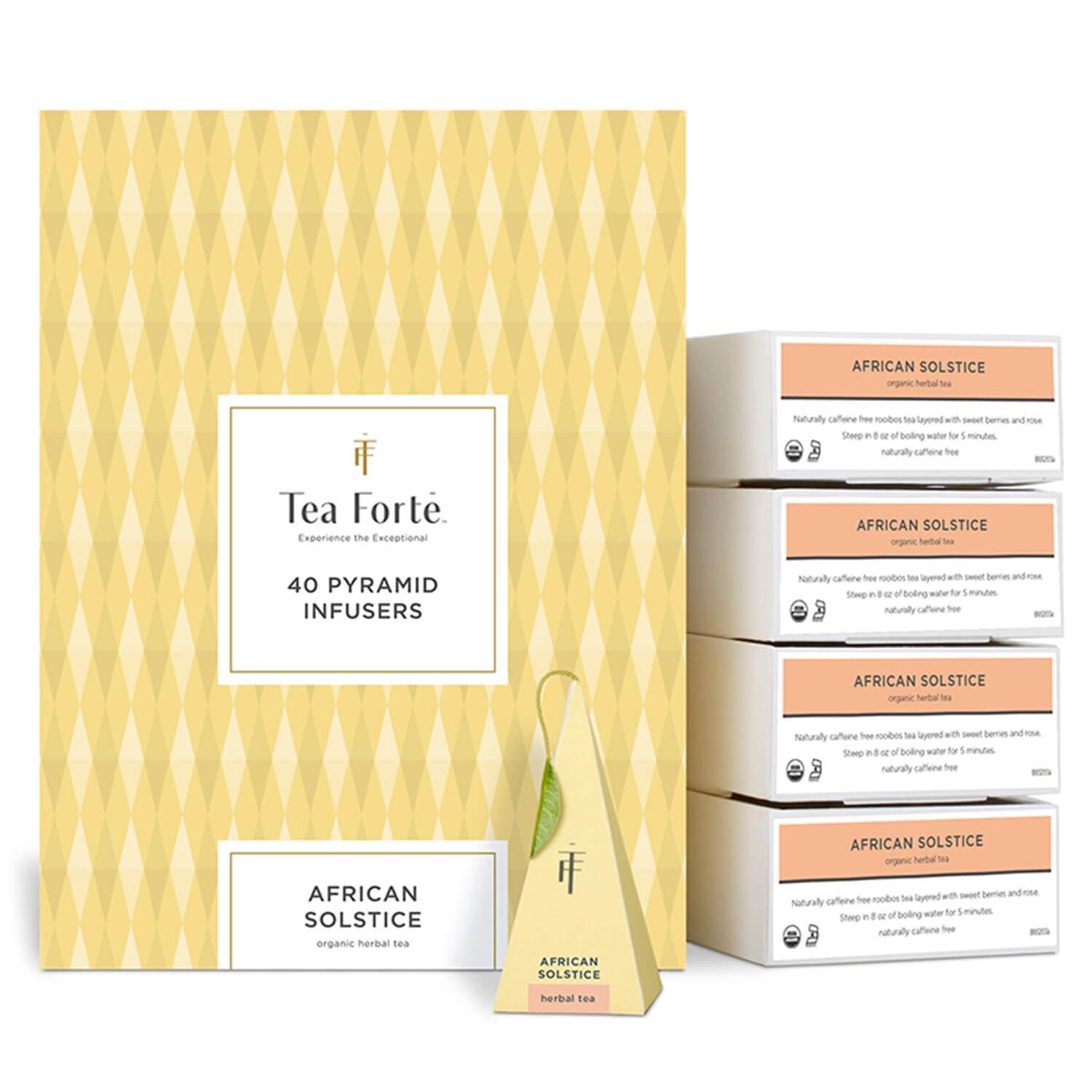 Tea Forte Tea Forte African Solstice Herbal Tea Event Box, Bulk Pack of 40 Pyramid Infuser Tea Sachets for All Occasions